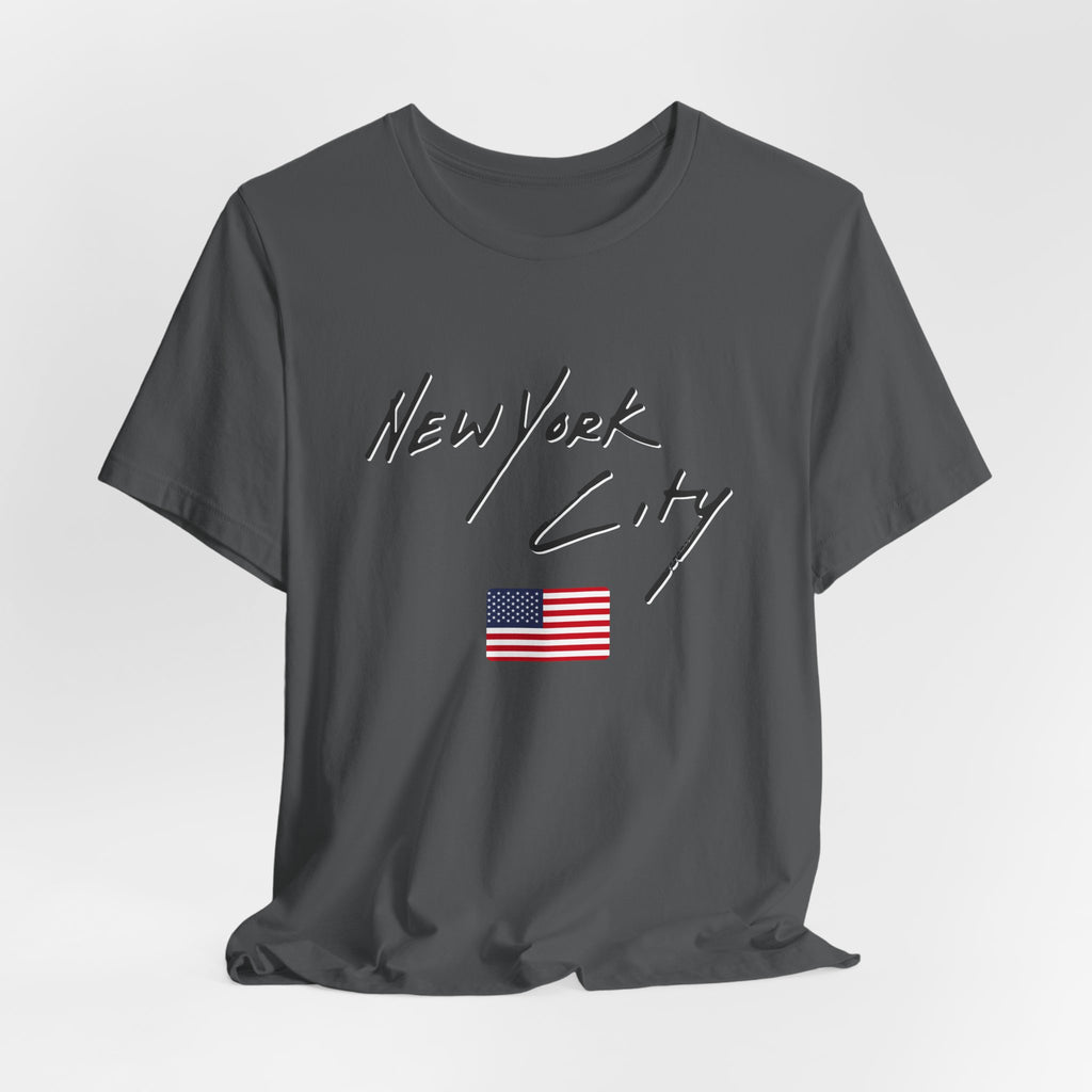 Dark grey t-shirt with 'New York City' text and American flag on a white background