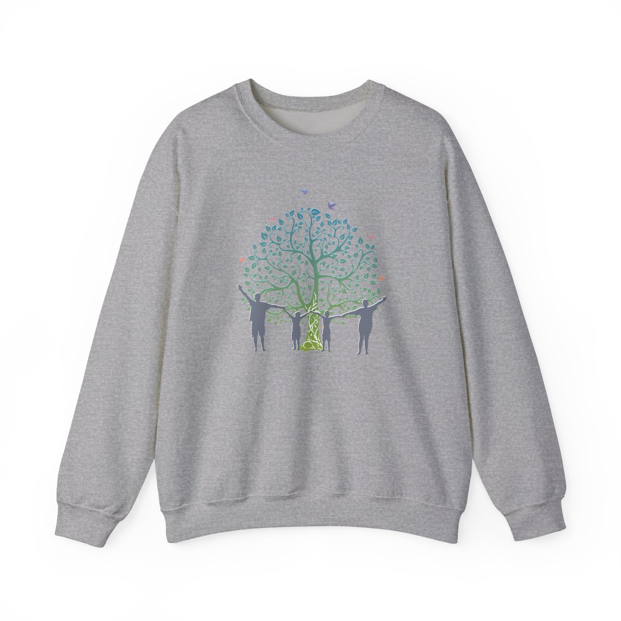 Gray sweatshirt with a colorful tree and people design on a white background