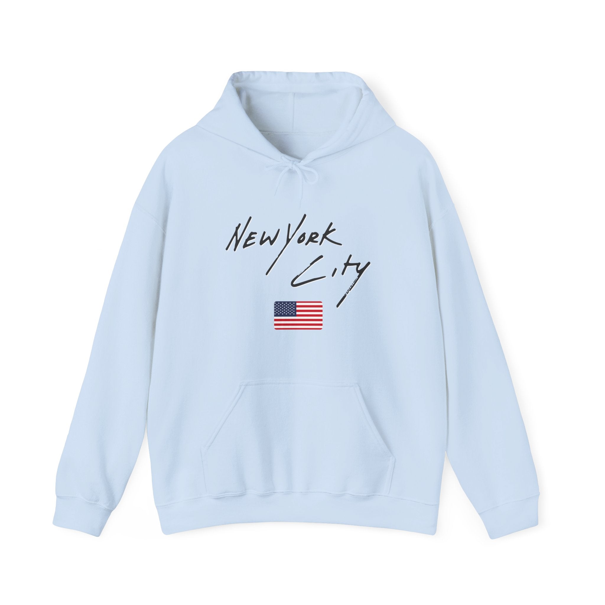 Light blue hoodie with 'New York City' text and American flag on a white background