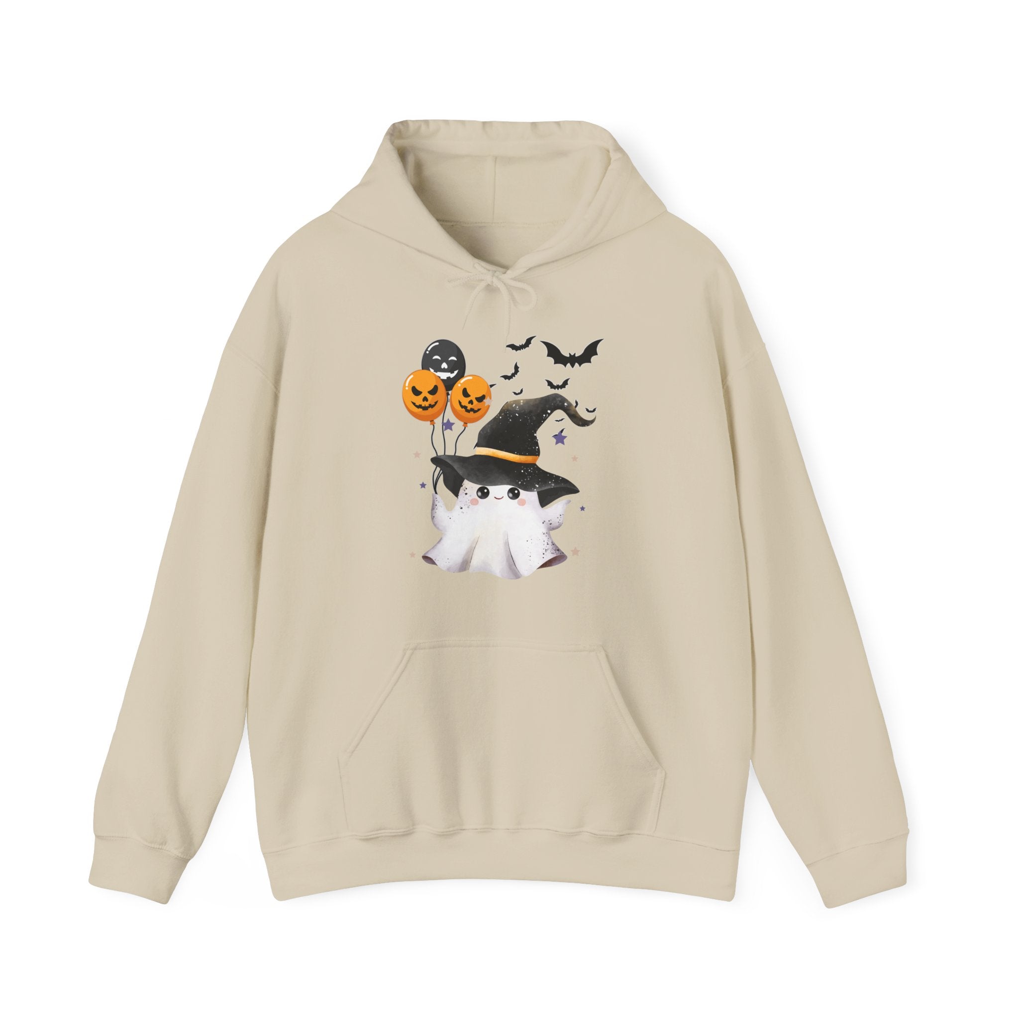 Beige hoodie with Halloween-themed design on a white background