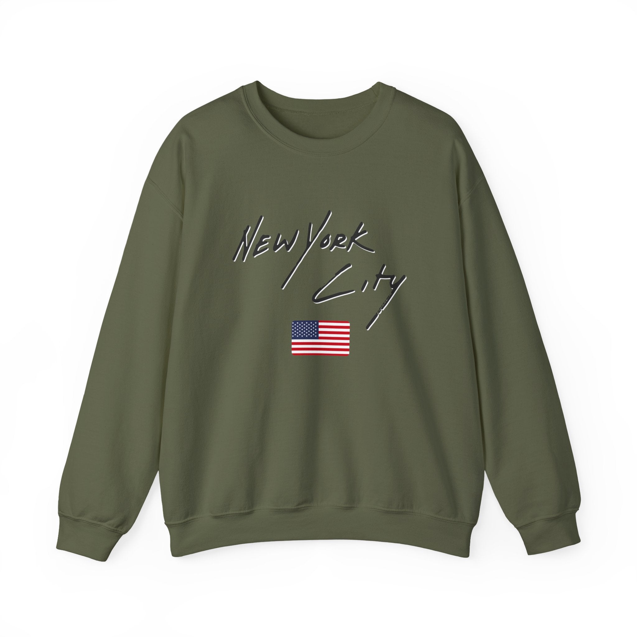 Green sweatshirt with 'New York City' text and American flag on a white background