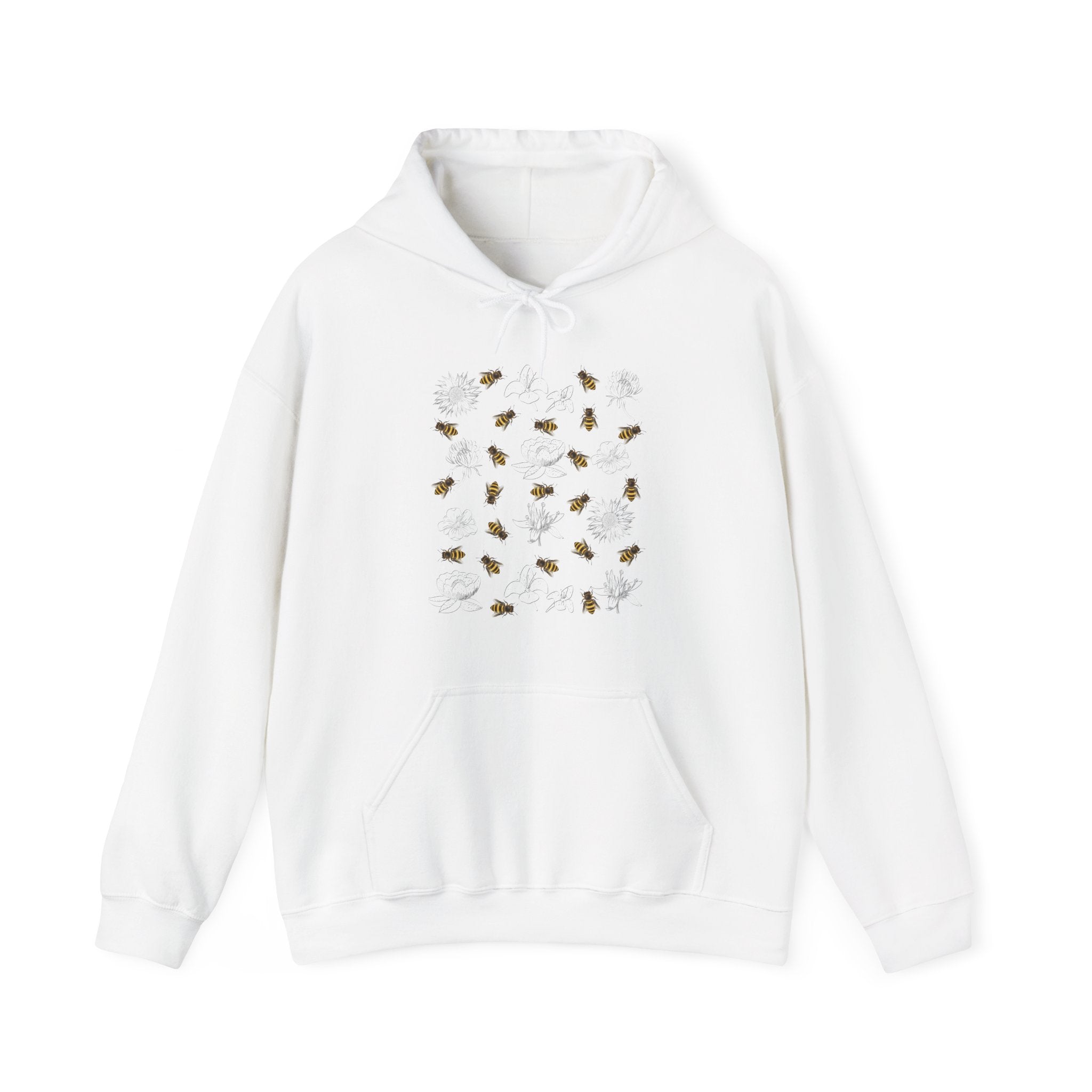 White hoodie with floral and bee design on a white background