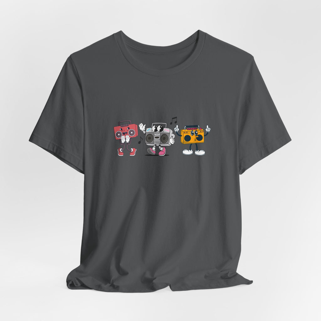 Gray t-shirt with cartoon robots design on a white background