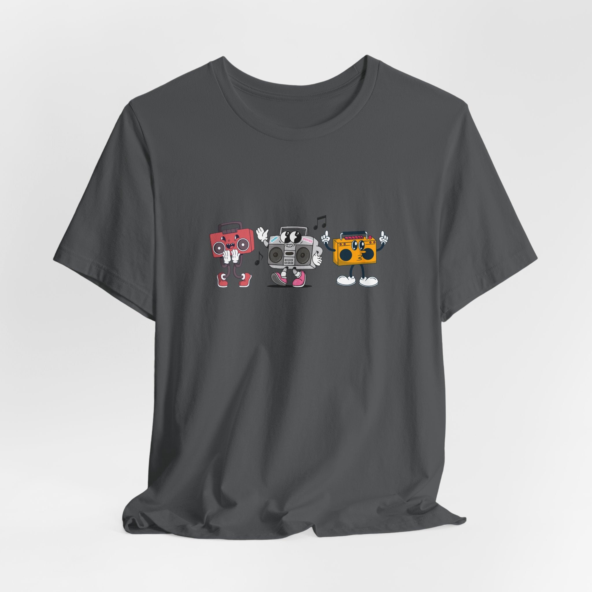 Gray t-shirt with cartoon robots design on a white background