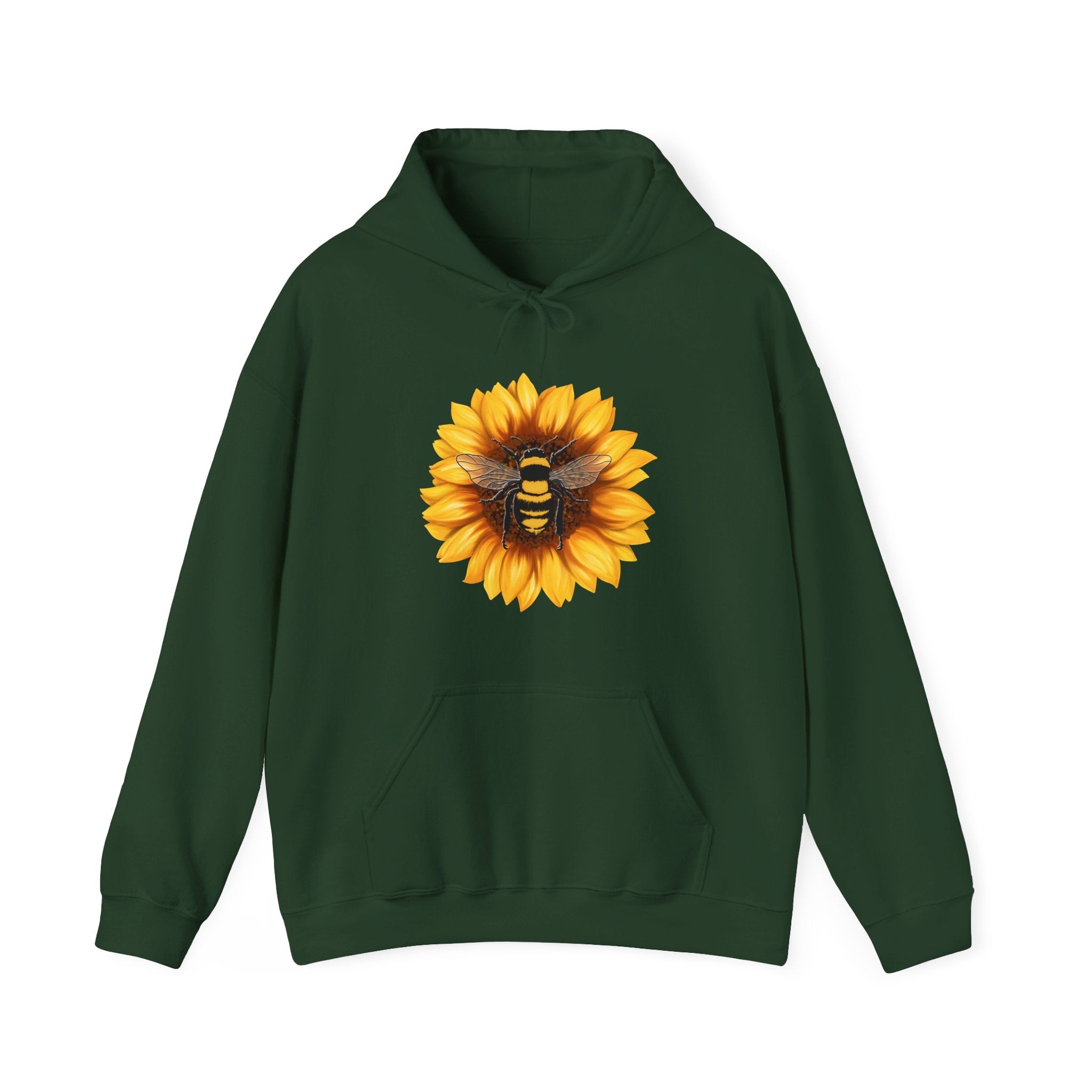 Green hoodie with a sunflower and bee design on a white background