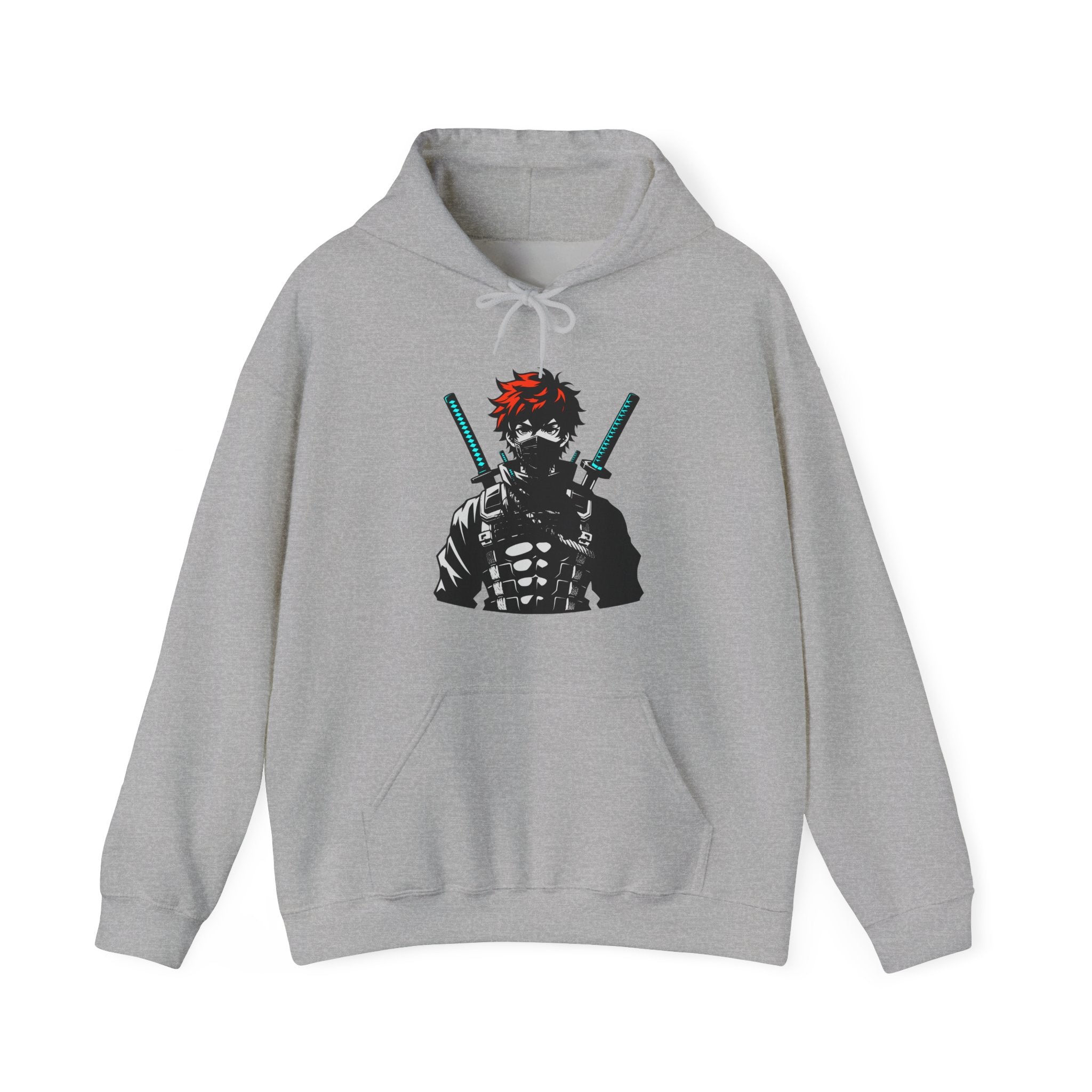 Gray hoodie with a graphic design of a character holding swords on a white background
