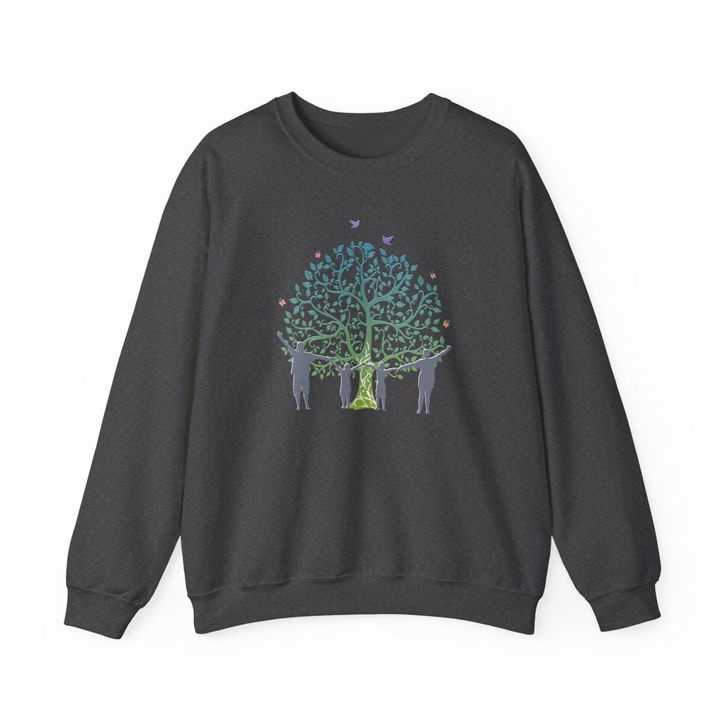 Dark gray sweatshirt with a tree and people design on a white background