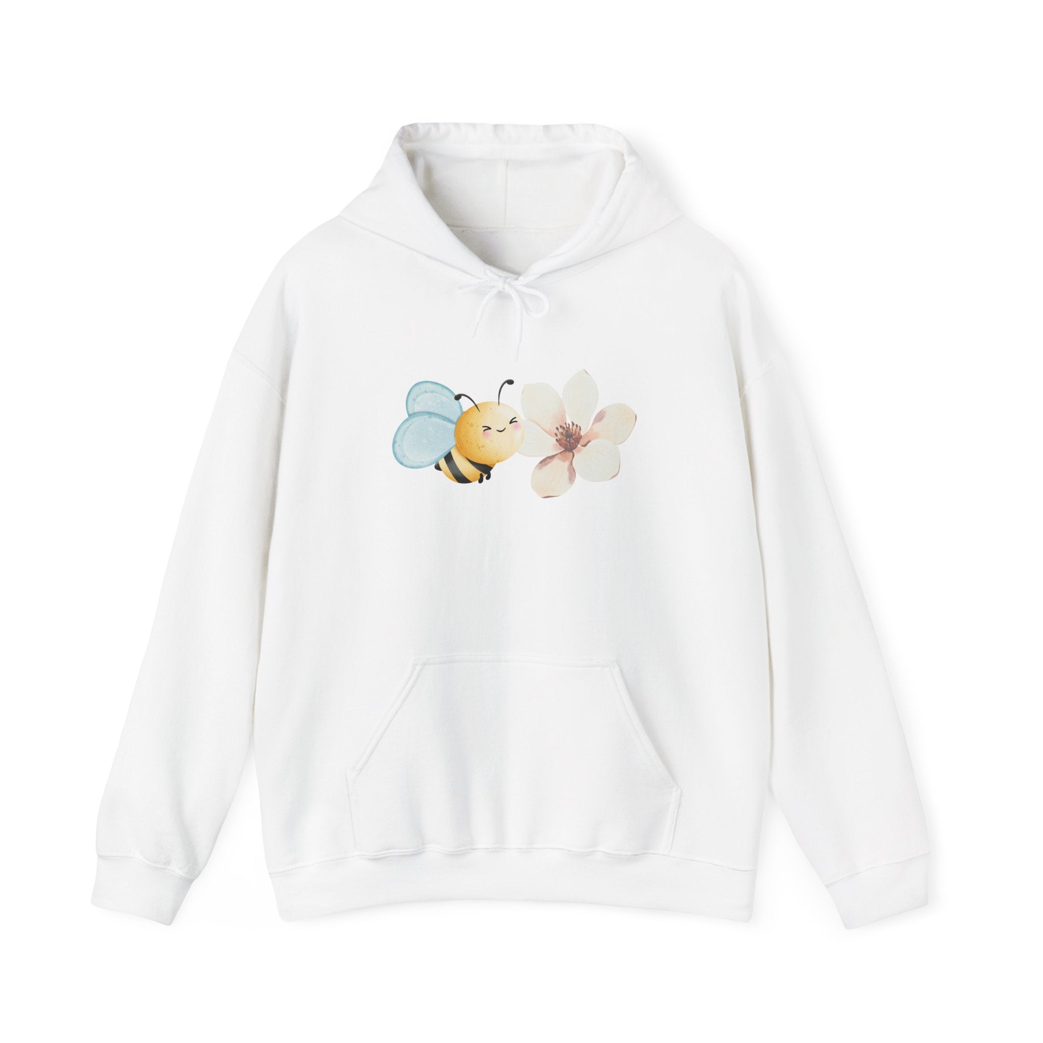 White hoodie with a bee and flower design on a white background