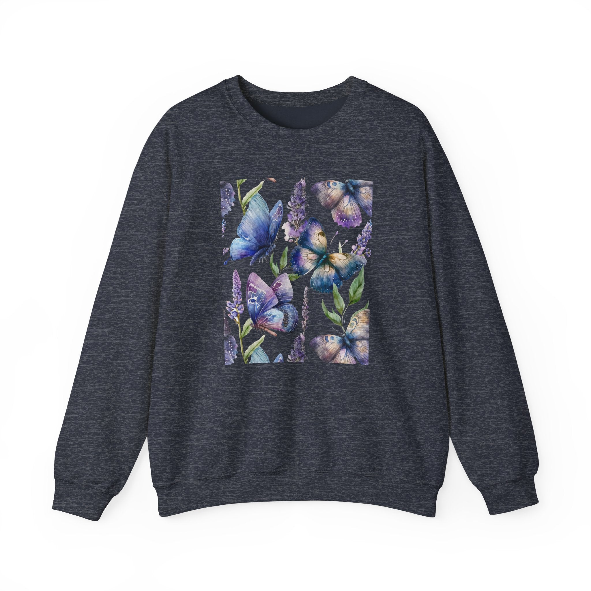 Dark navy sweatshirt with floral and butterfly design on a white background