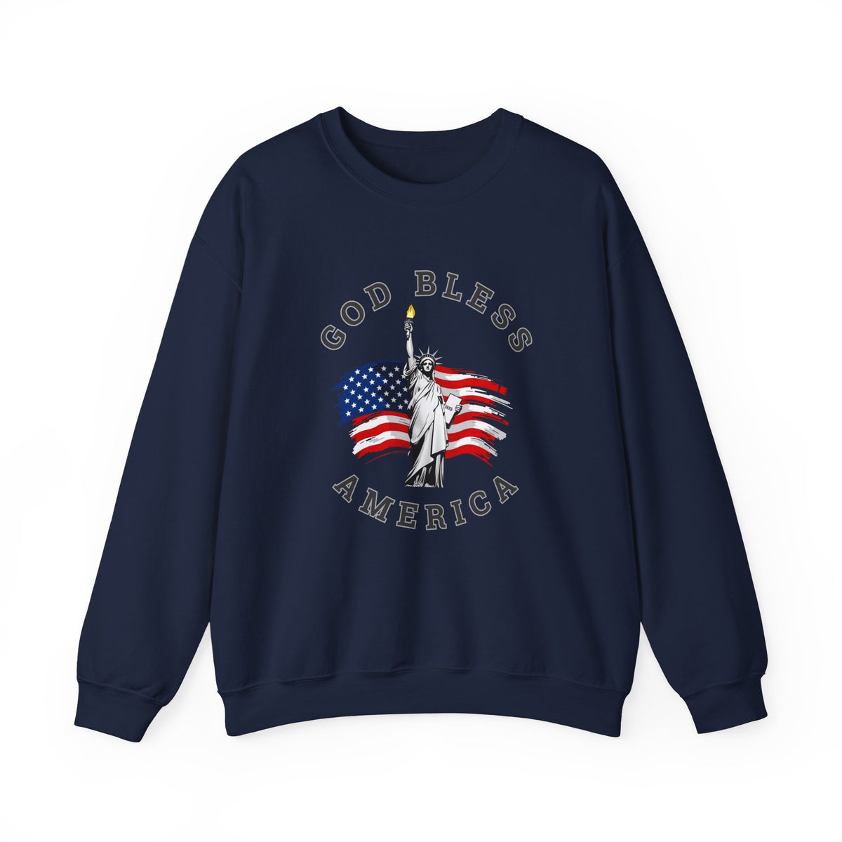 Navy blue sweatshirt with 'God Bless America' design featuring the Statue of Liberty and American flag on a white background.