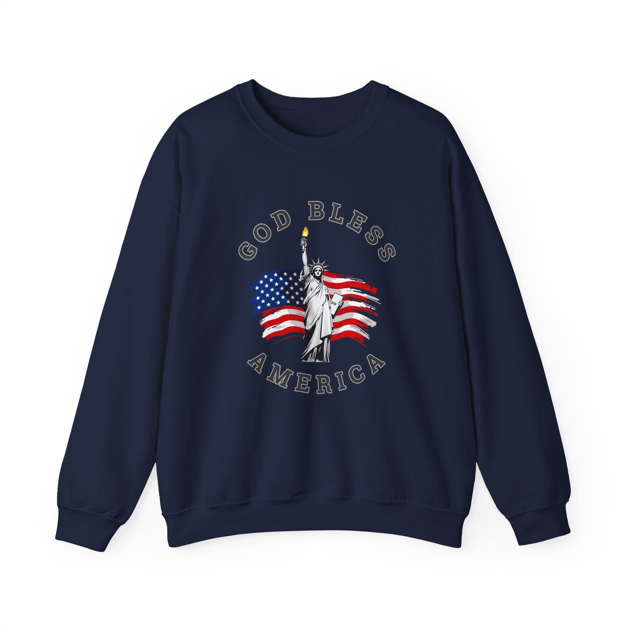 Navy blue sweatshirt with 'God Bless America' design featuring the Statue of Liberty and American flag on a white background.