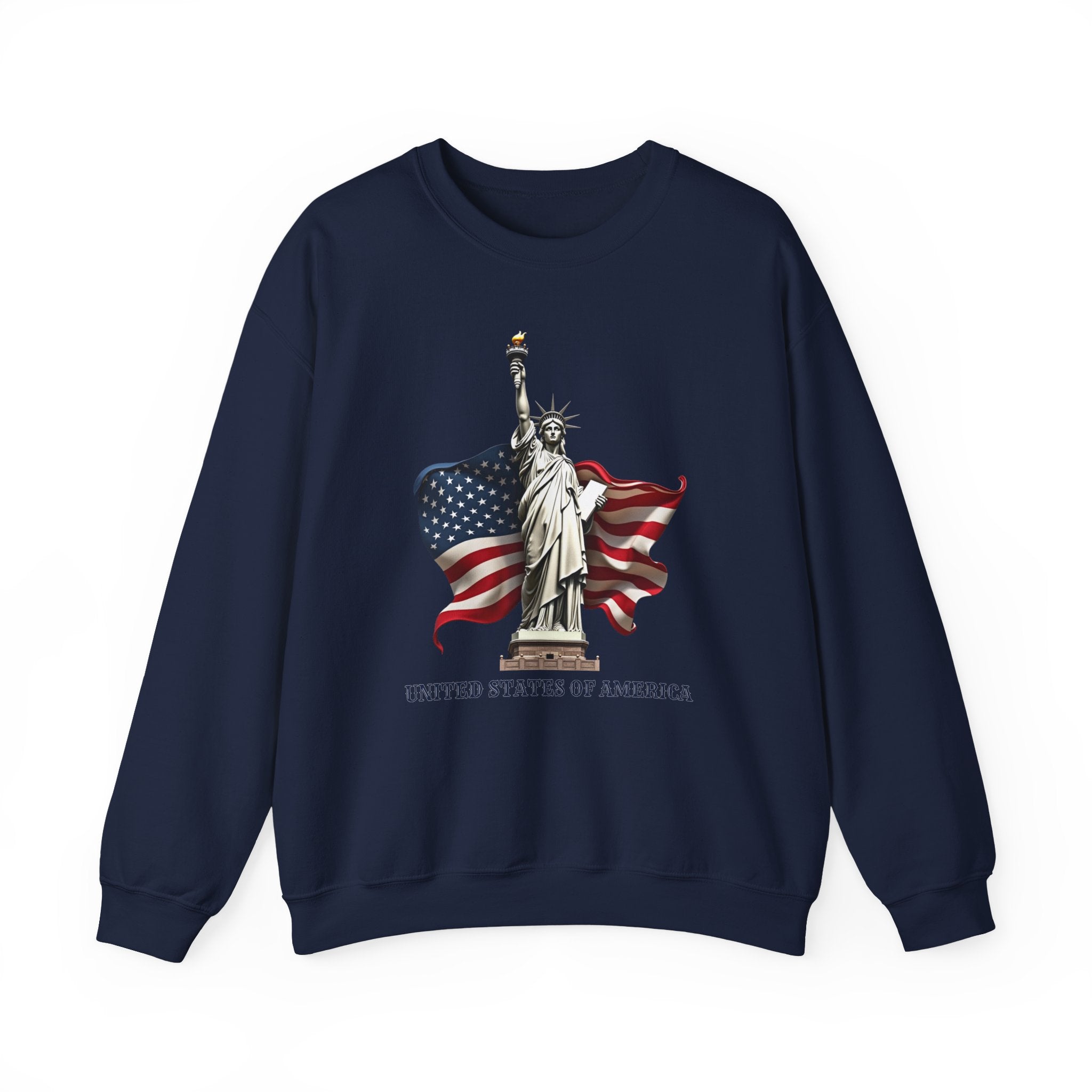 Navy blue sweatshirt with Statue of Liberty and American flag design on a white background