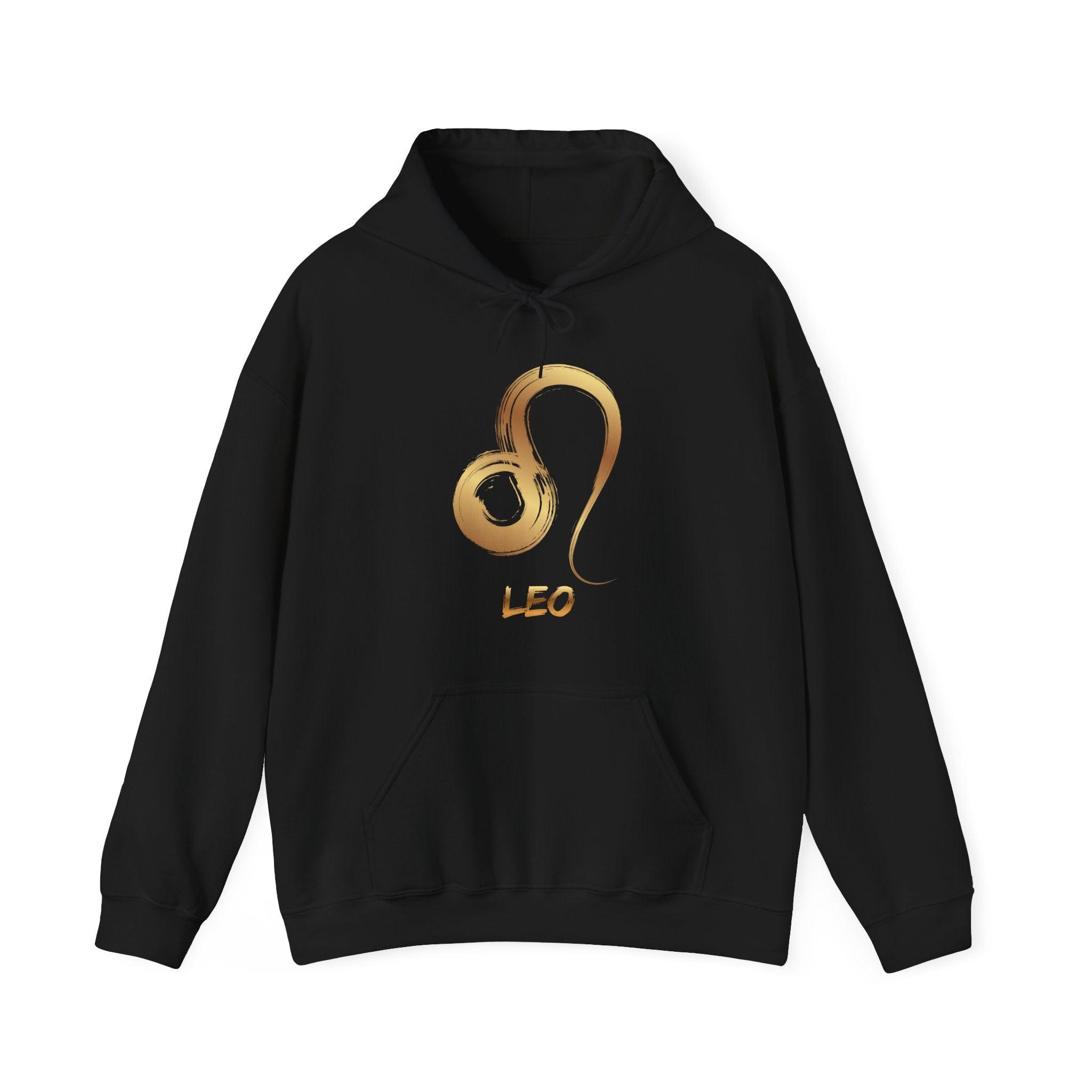 Black hoodie with gold Leo zodiac symbol on a white background