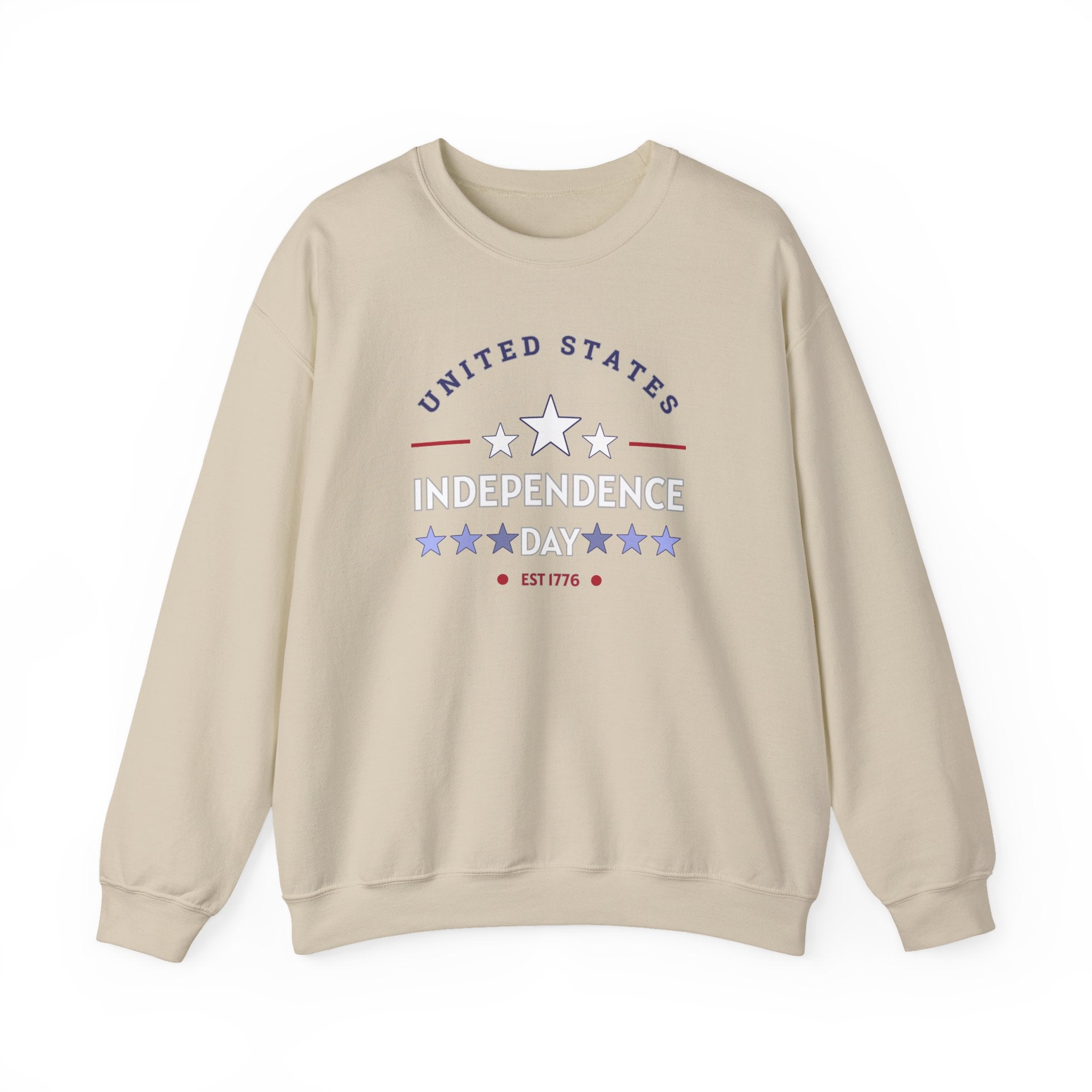 Beige sweatshirt with 'United States Independence Day' text and star design on a white background