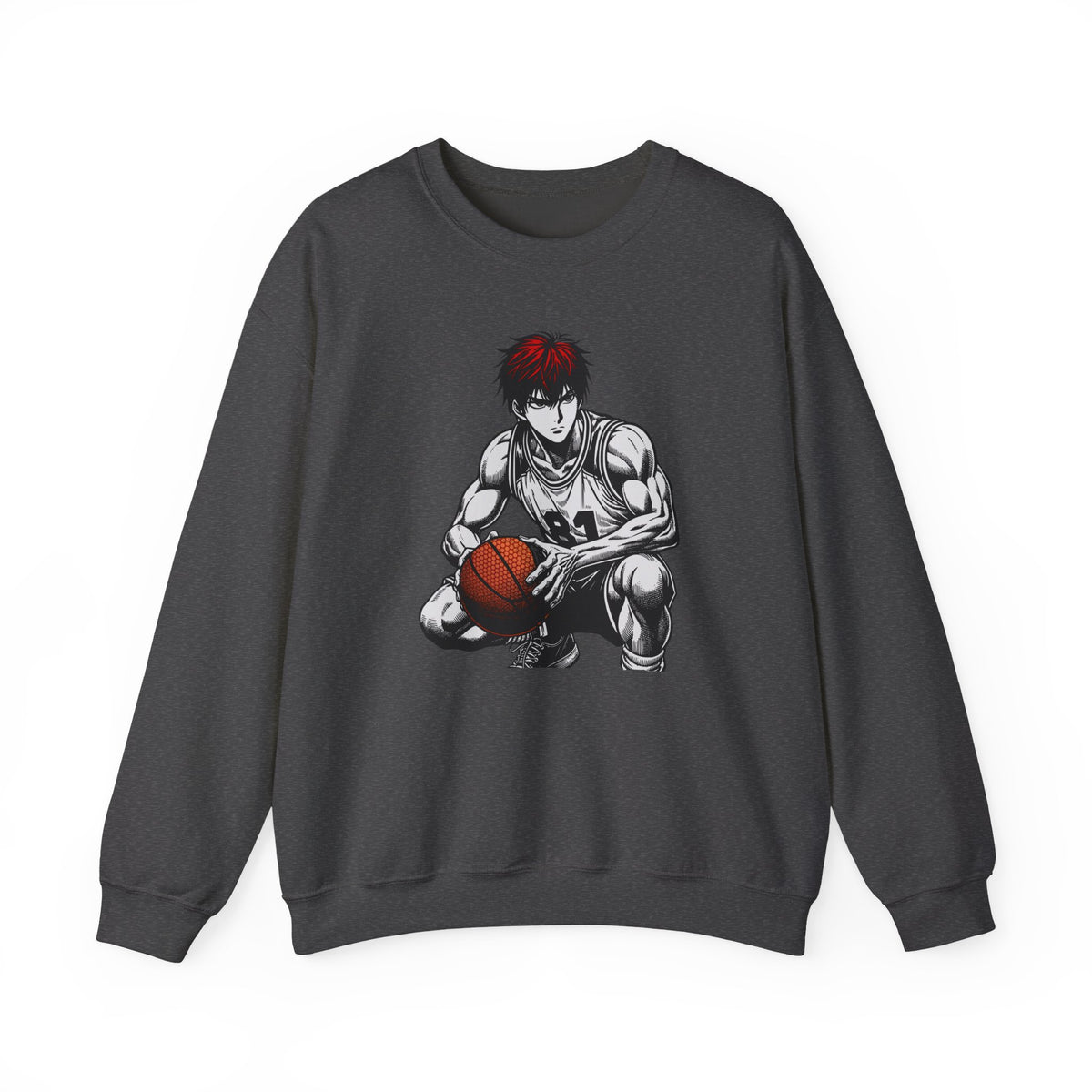 Dark gray sweatshirt with an anime-style graphic of a character holding a basketball on a white background