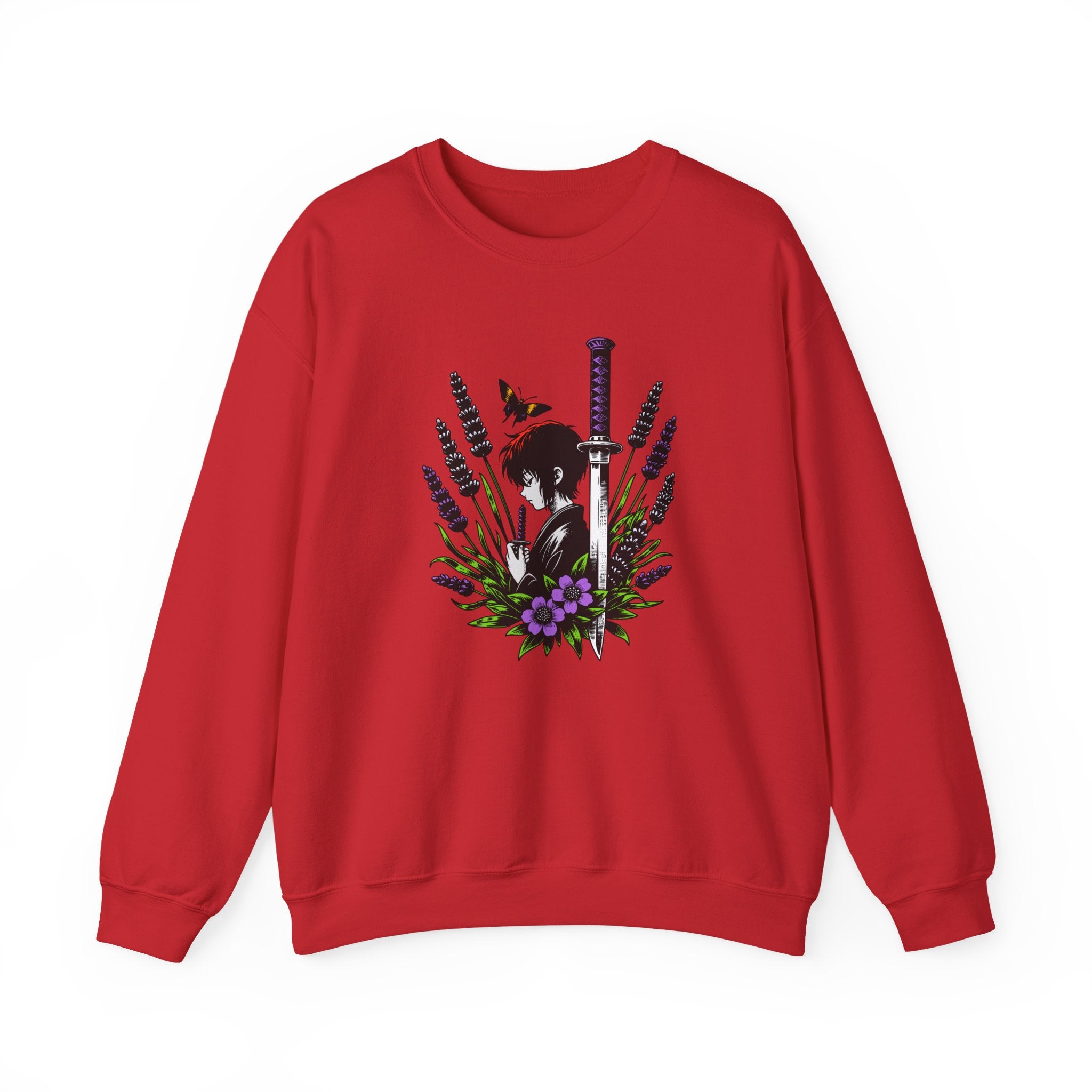 Red sweatshirt with a manga, butterfly, and sword design on a white background