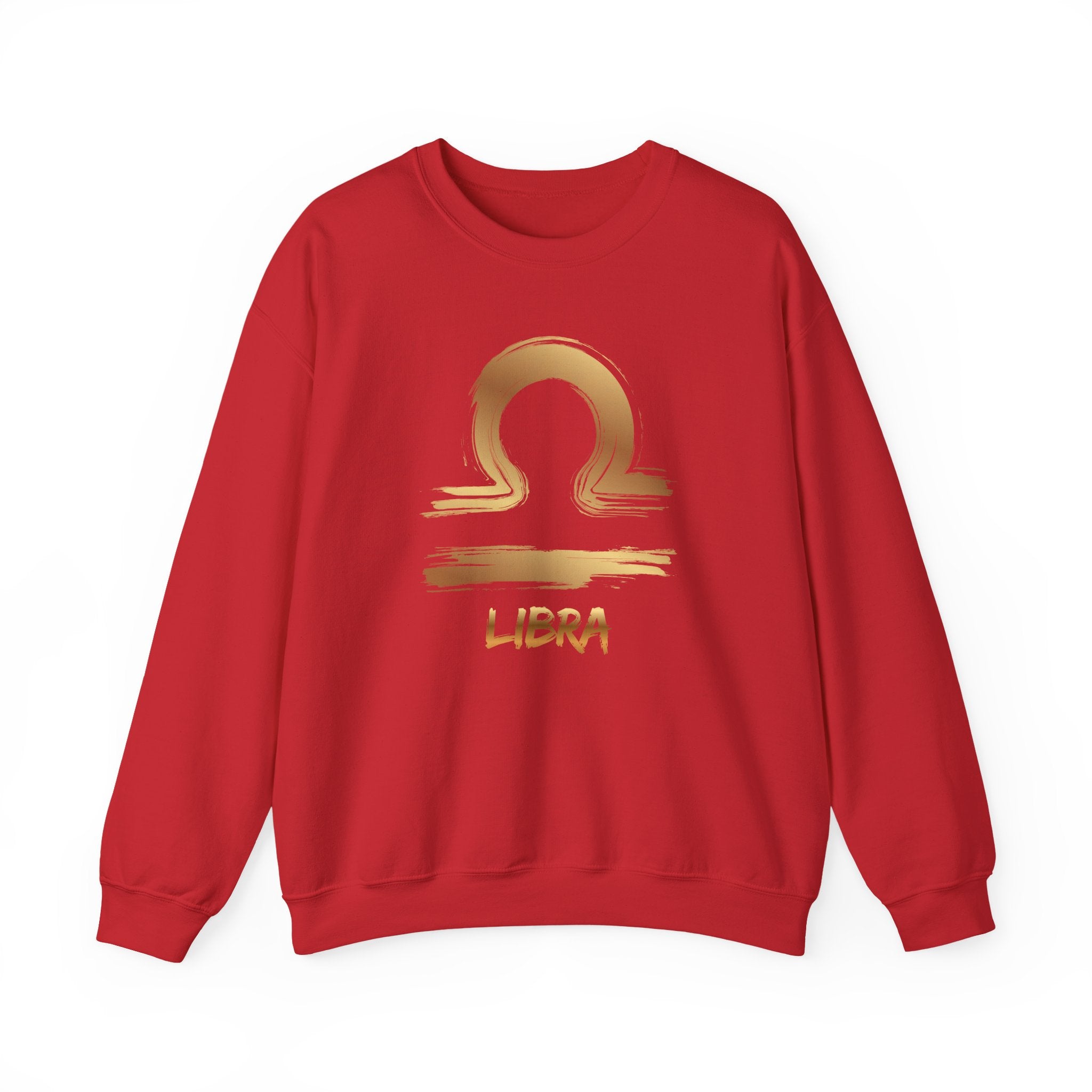 Red sweatshirt with gold Libra zodiac symbol on a white background