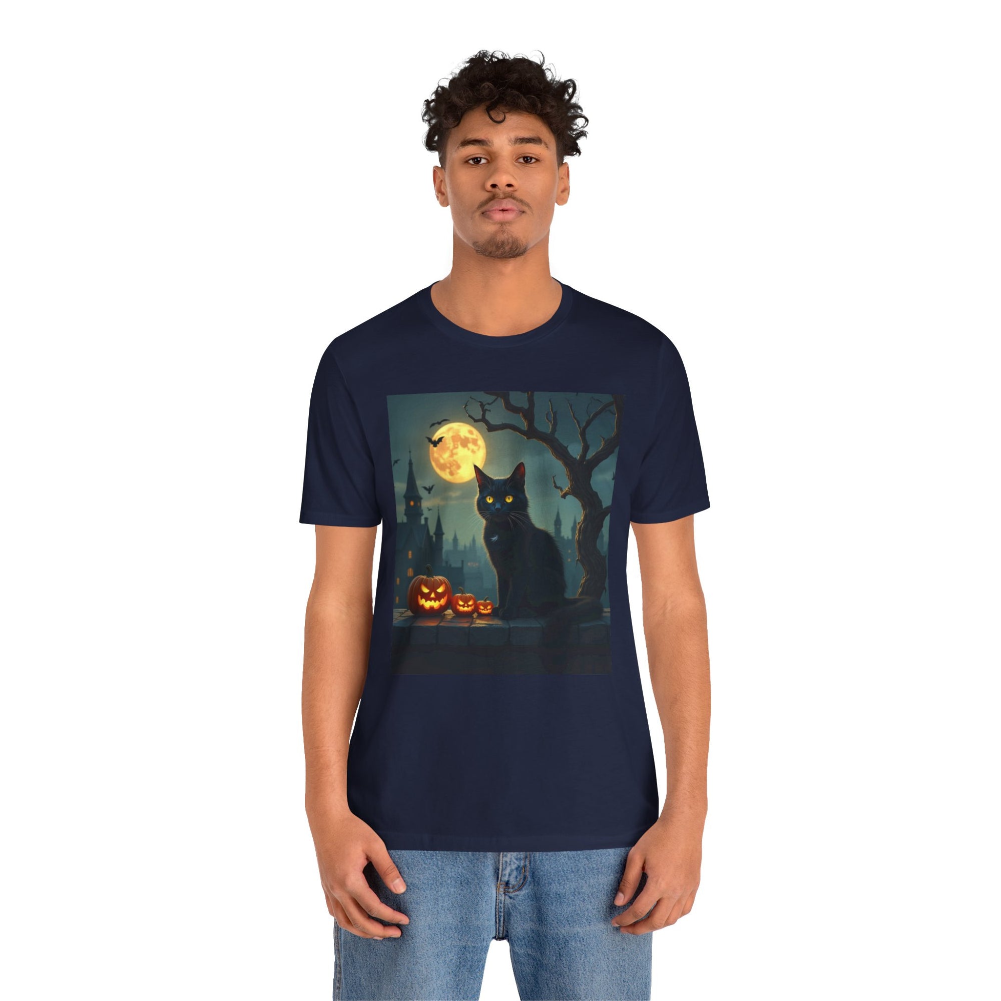 Halloween Cat with Bats and Pumpkins T-shirt for Men and Women