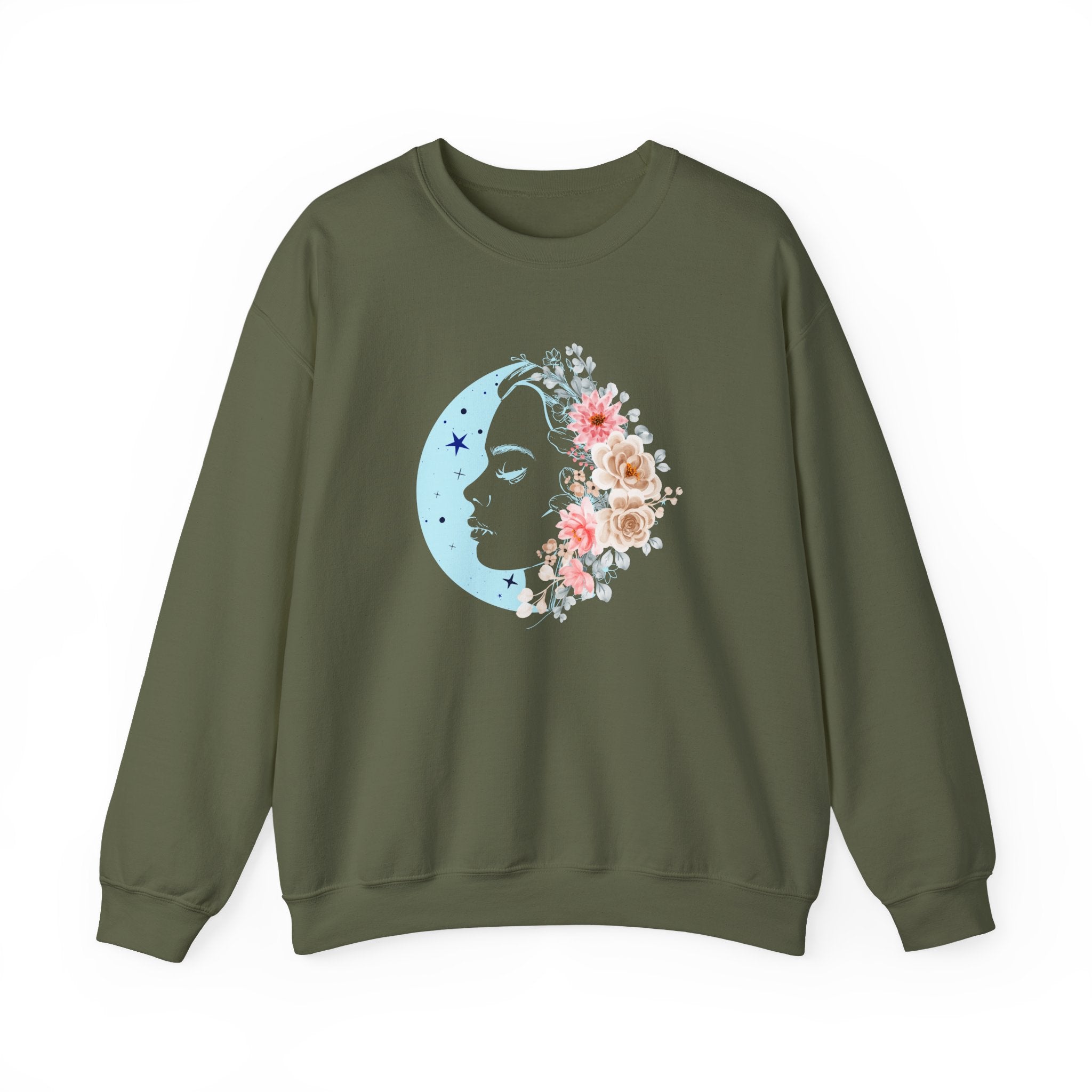 Green sweatshirt with a floral moon design on a white background