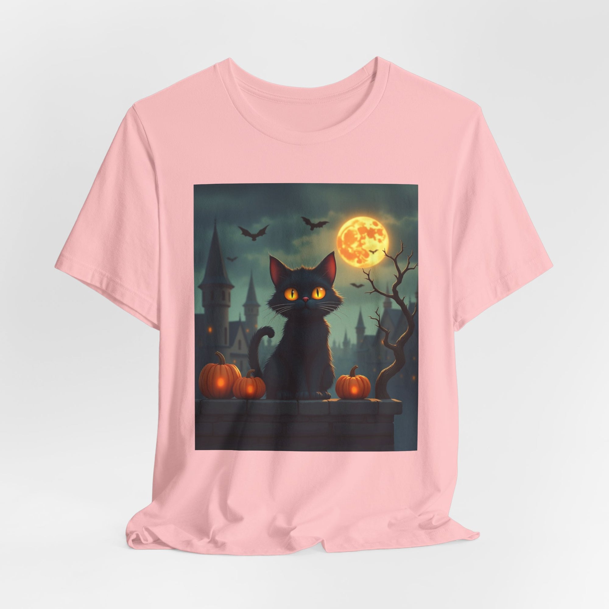 Halloween Cat with Bats and Orange Pumpkins T-shirt for Men and Women