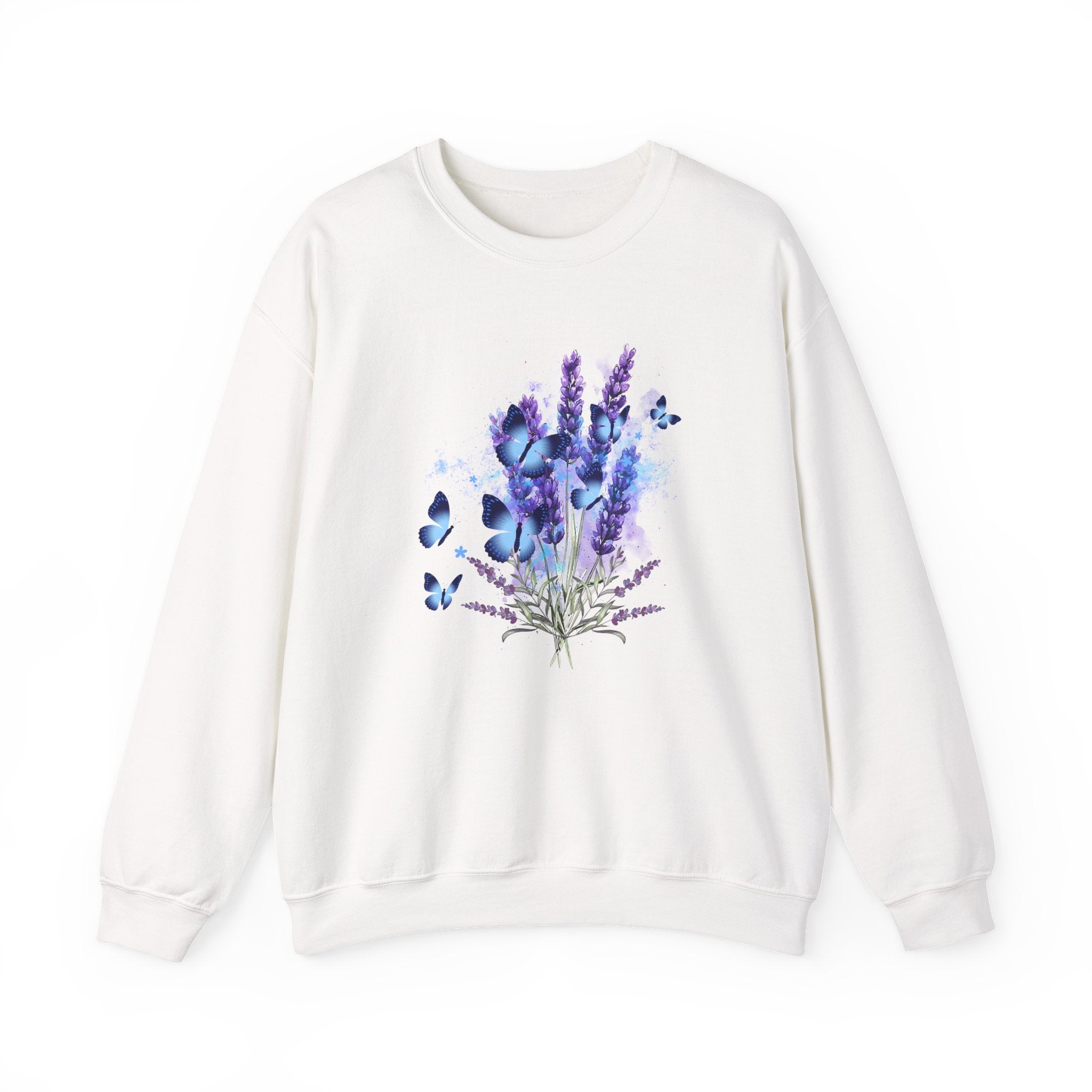 White sweatshirt with a design of lavender flowers and butterflies on a white background