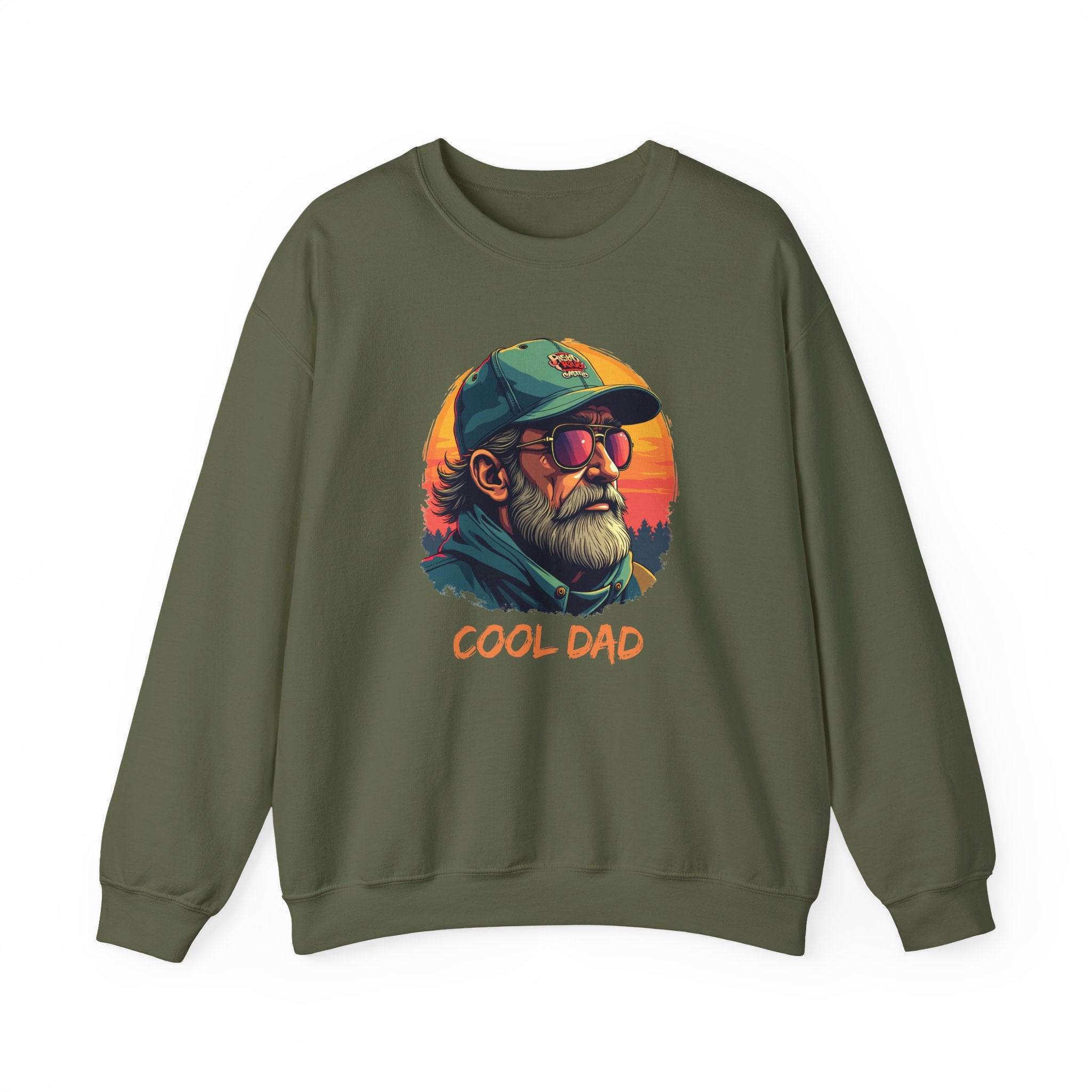 Green sweatshirt with 'Cool Dad' graphic on a white background