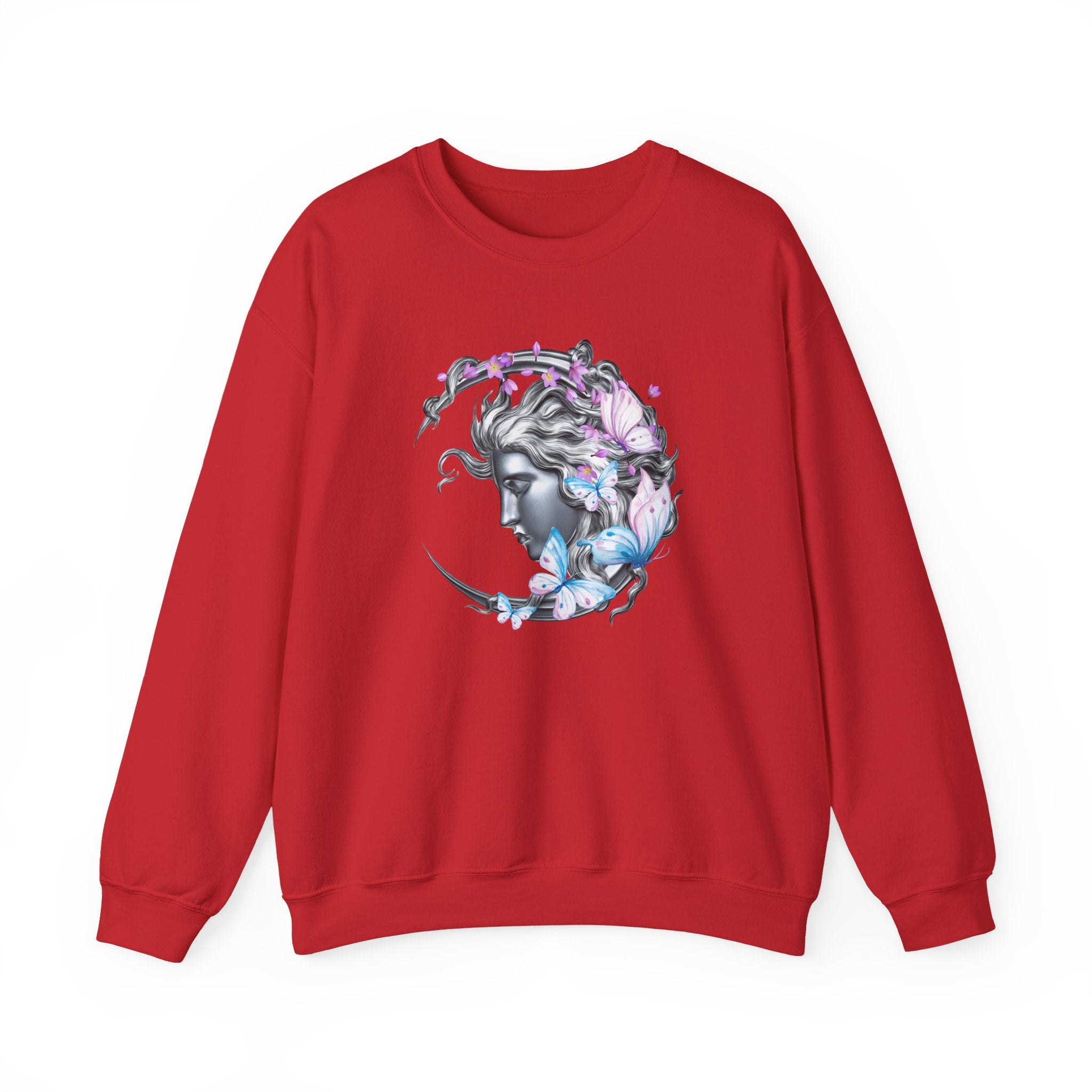 Red sweatshirt with a graphic design of a woman's face surrounded by butterflies on a white background