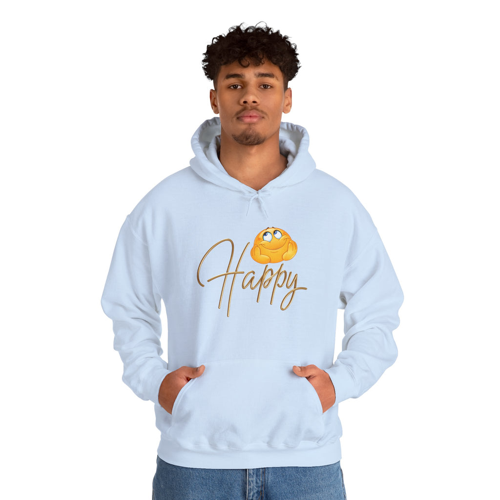 Person wearing a light blue hoodie with a pumpkin and 'Happy' text design on a white background