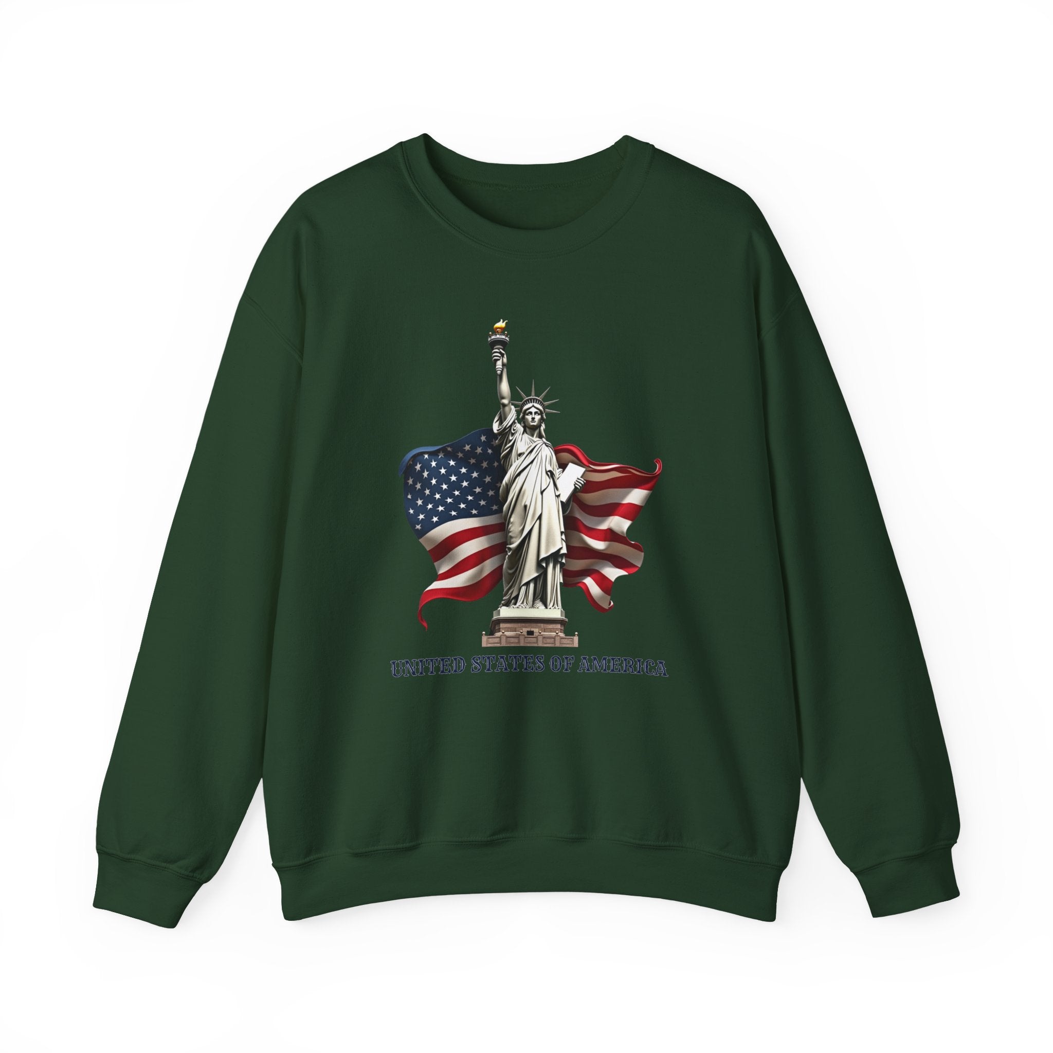 Green sweatshirt with Statue of Liberty and American flag design on a white background