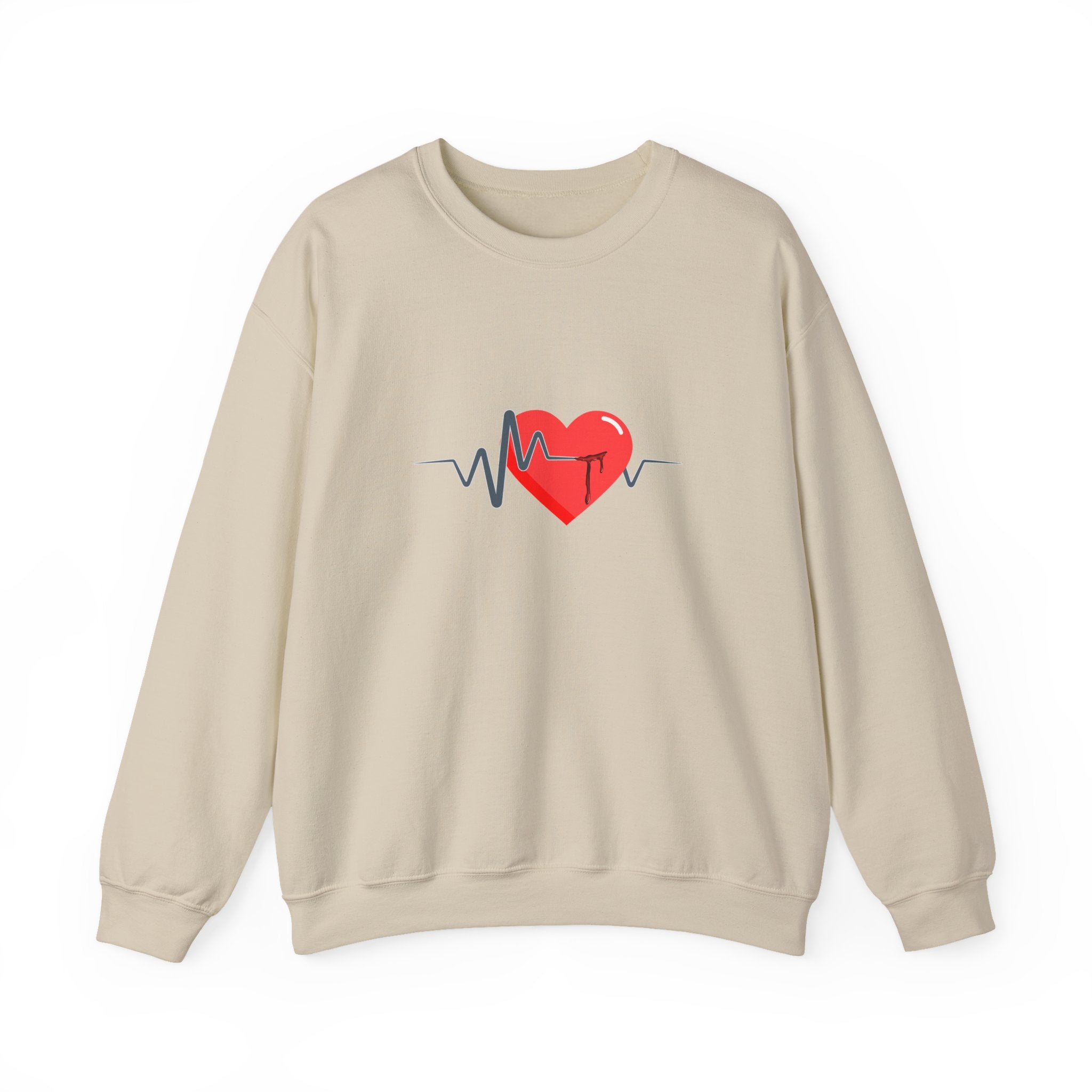 Beige sweatshirt with a red heart and blue heartbeat line design on a white background
