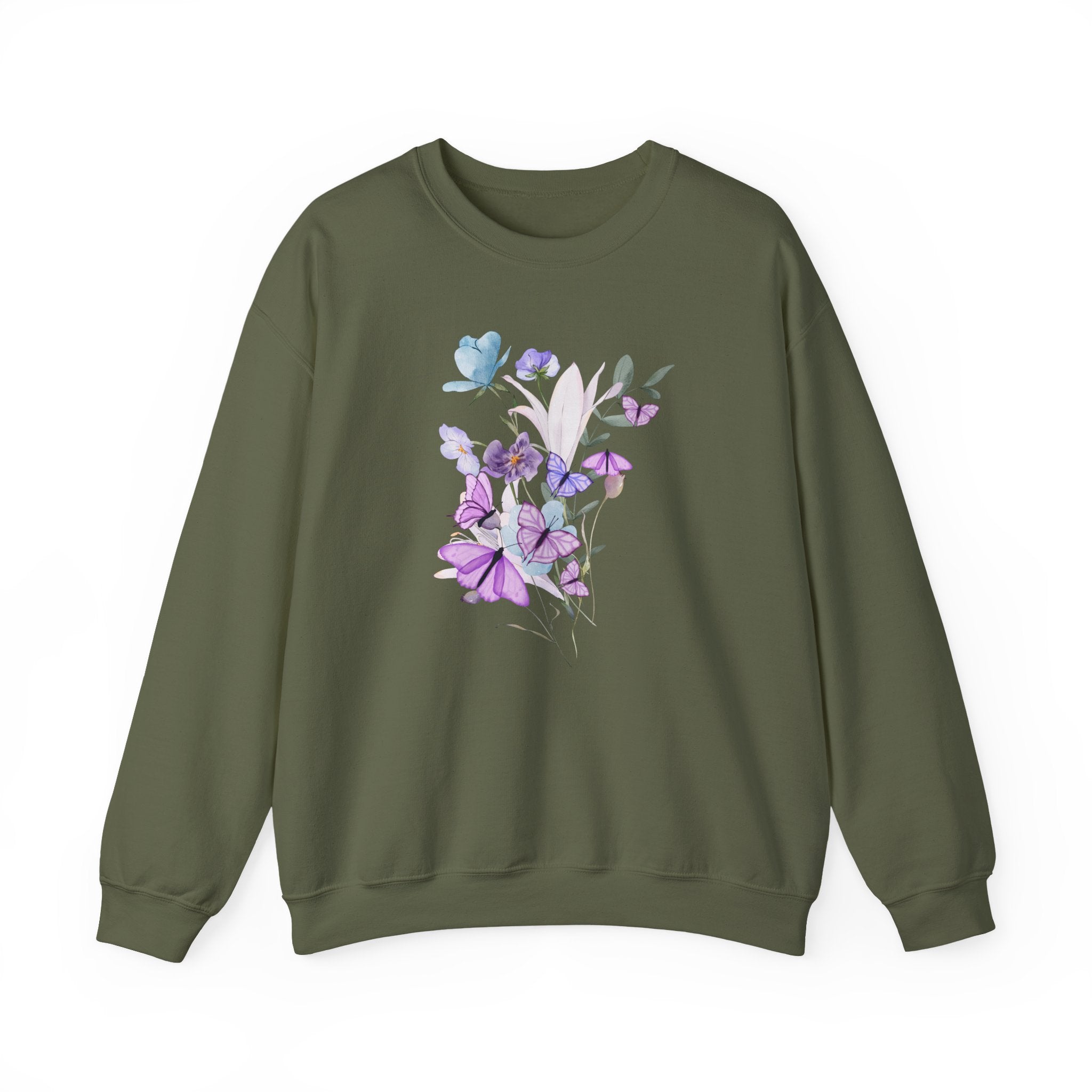 Green sweatshirt with floral design on a white background