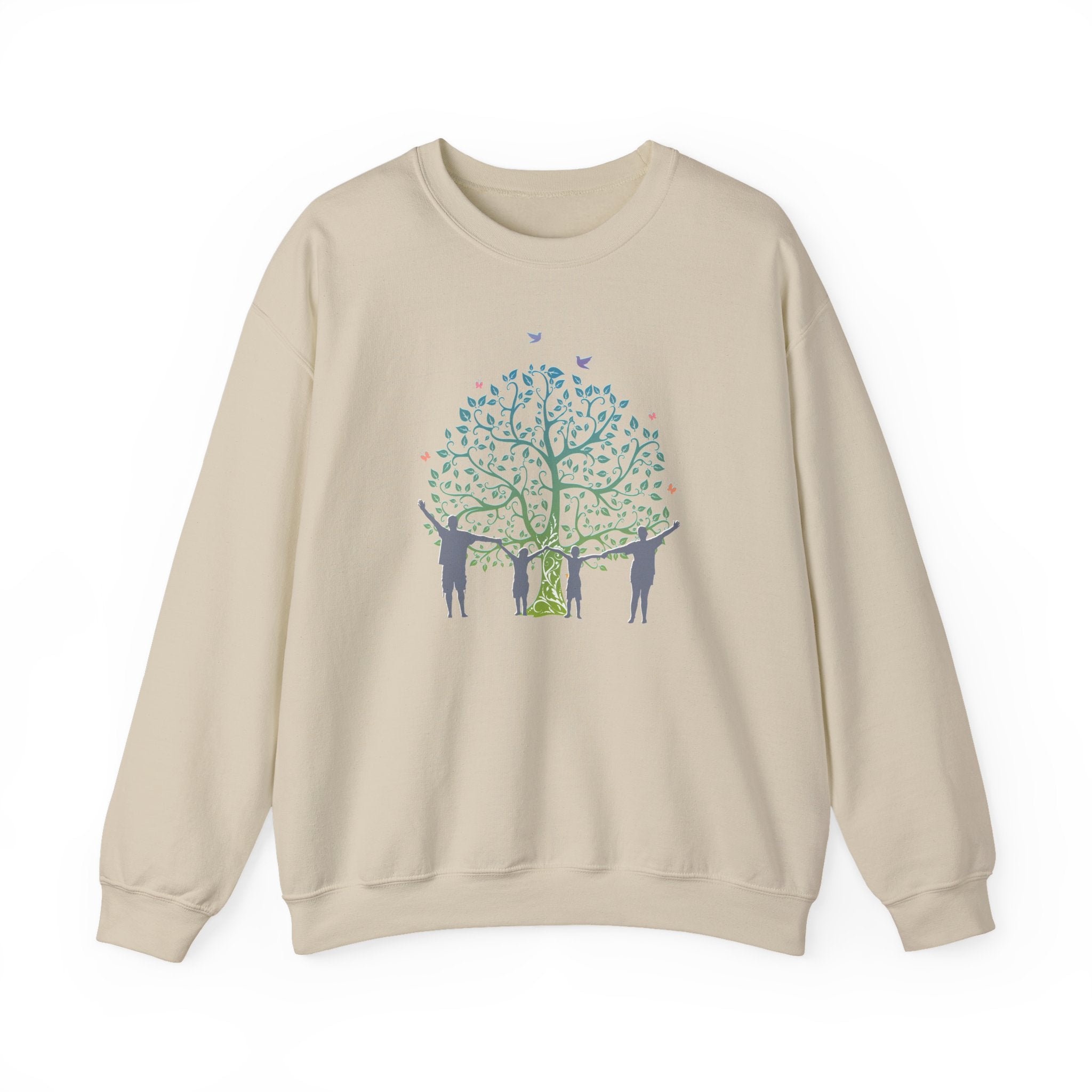 Beige sweatshirt with a tree and people design on a white background