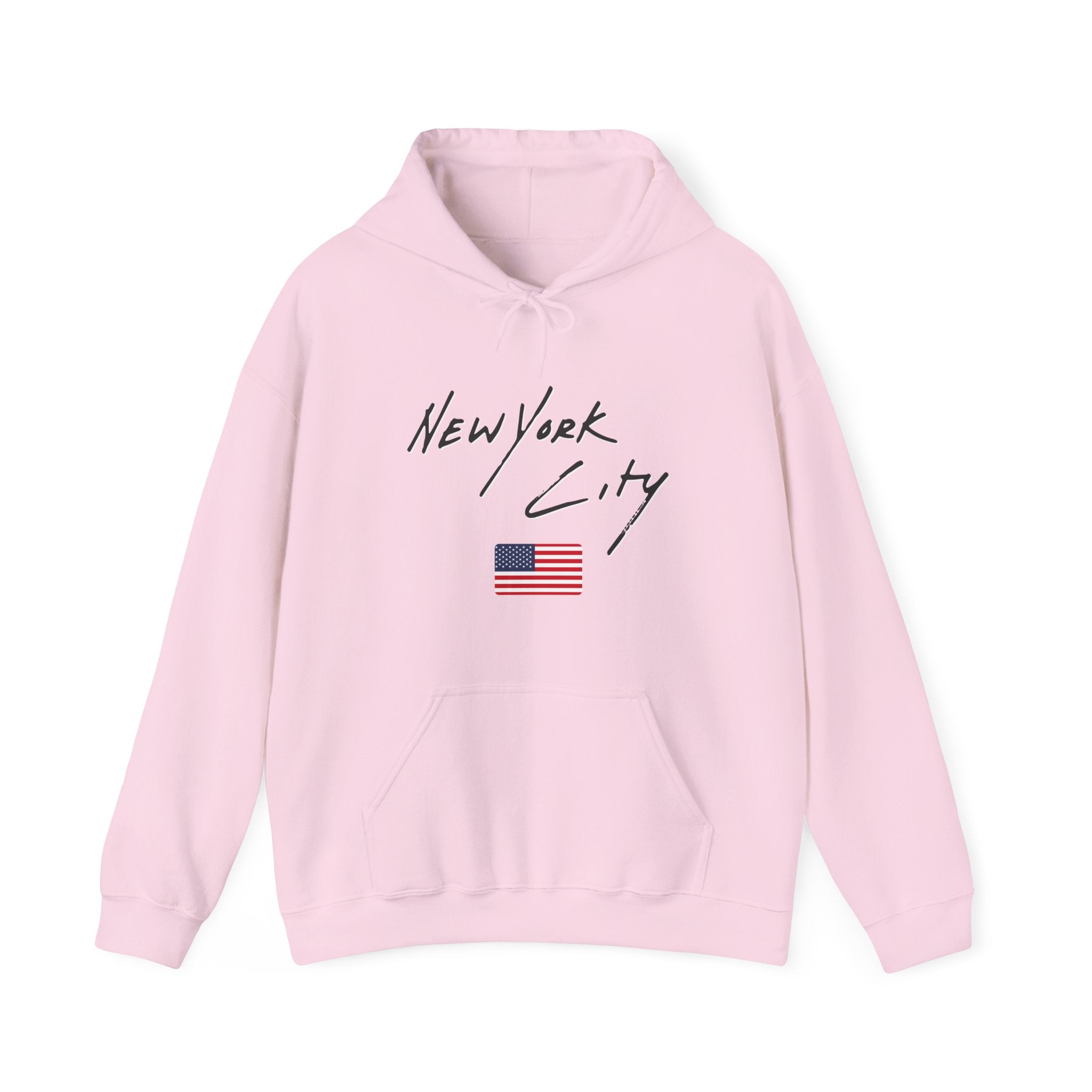 Pink hoodie with 'New York City' text and American flag on a white background