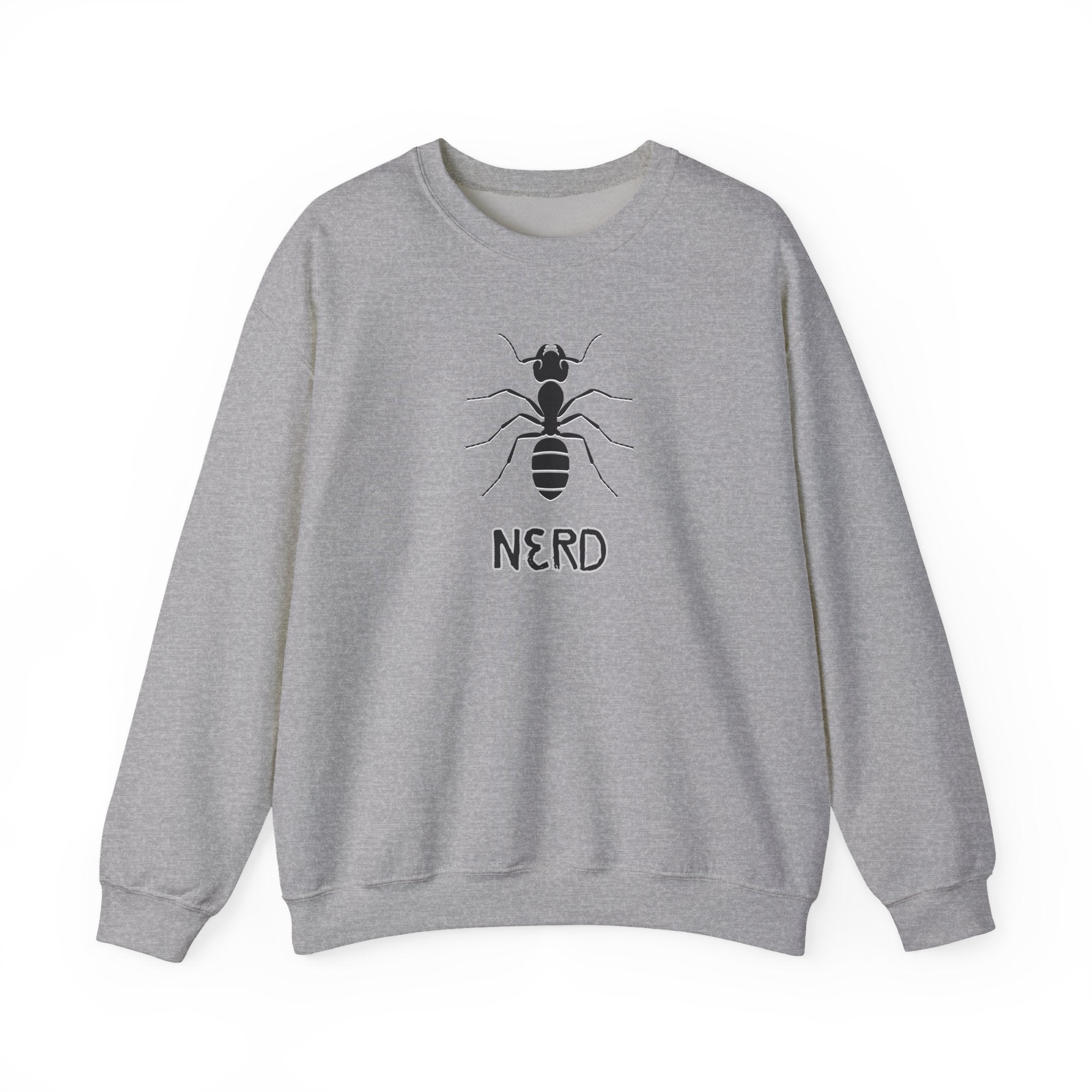 Gray sweatshirt with ant graphic and 'NERD' text on a white background