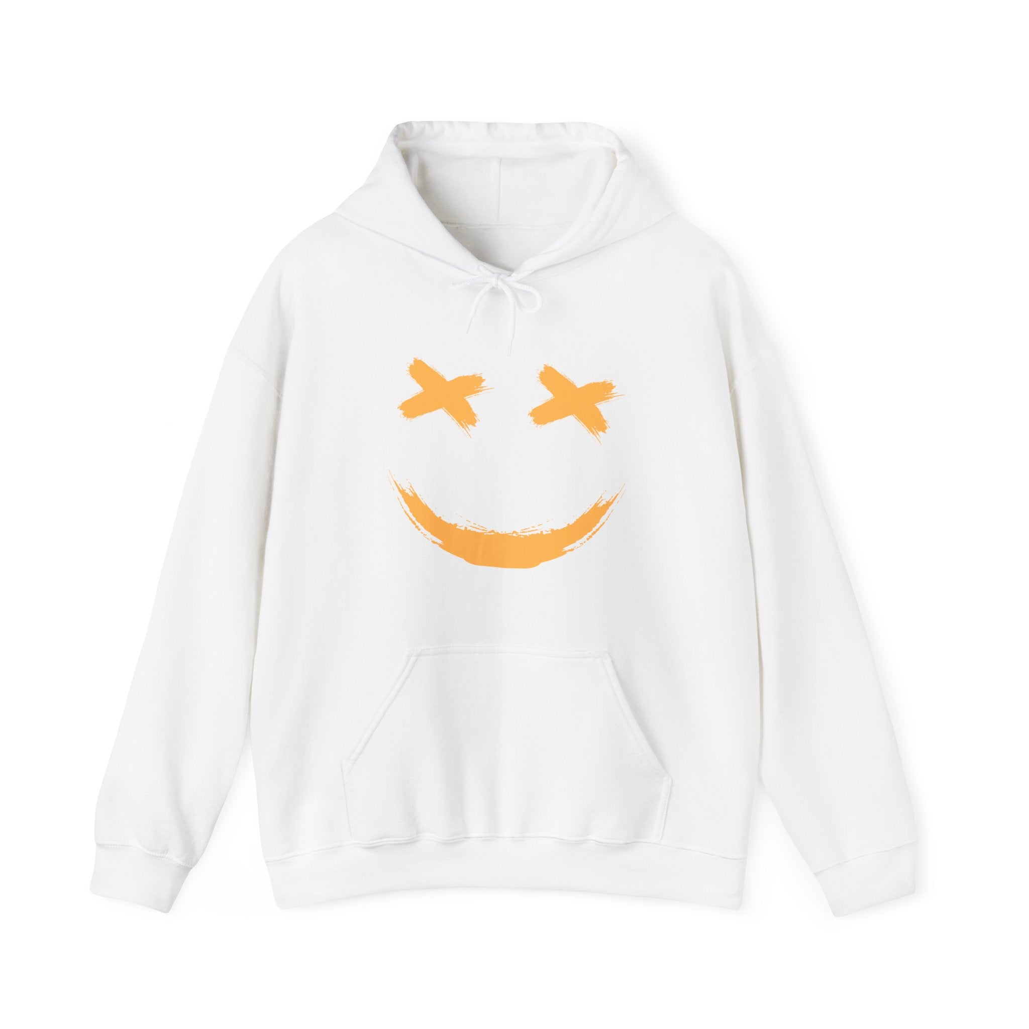 White hoodie with a smiley face design on a white background