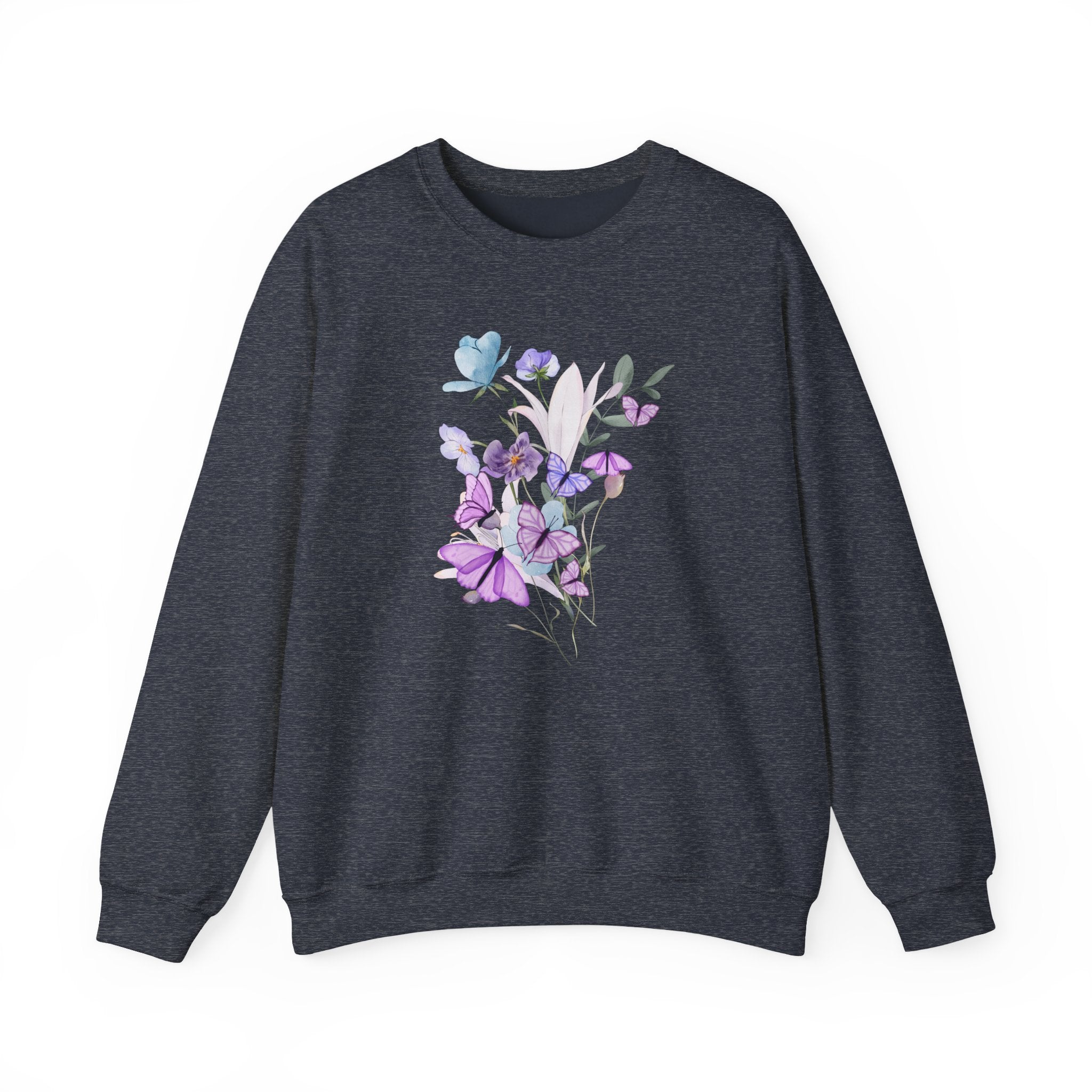 Dark gray sweatshirt with floral design on a white background