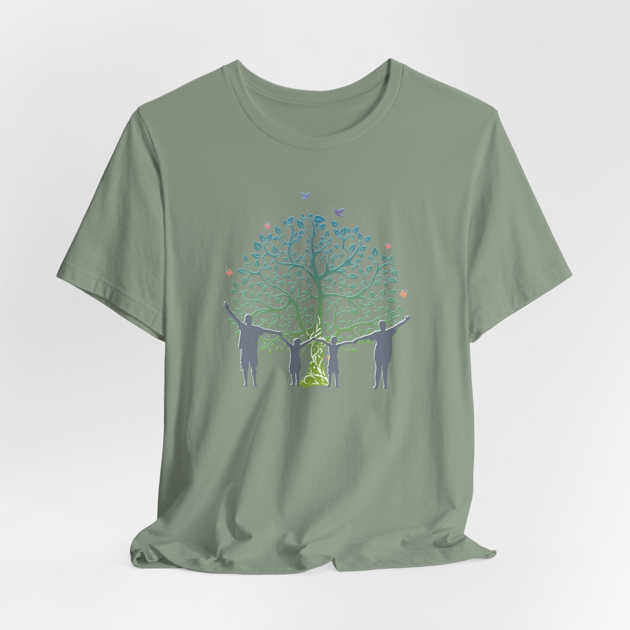 Green t-shirt with a graphic design of people around a tree on a white background