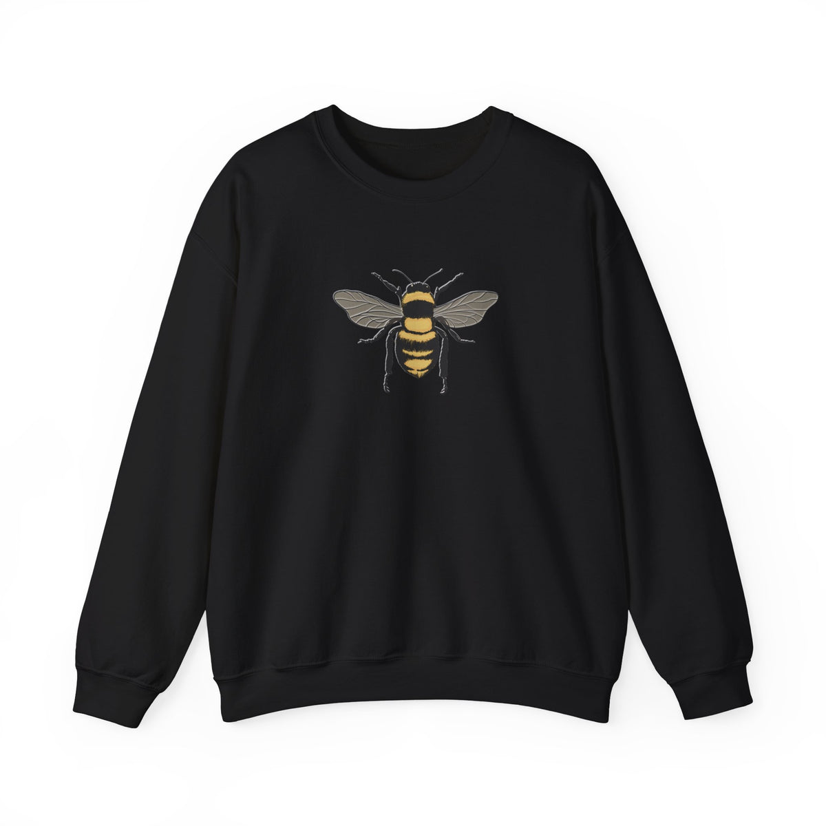 Black sweatshirt with bee graphic on a white background