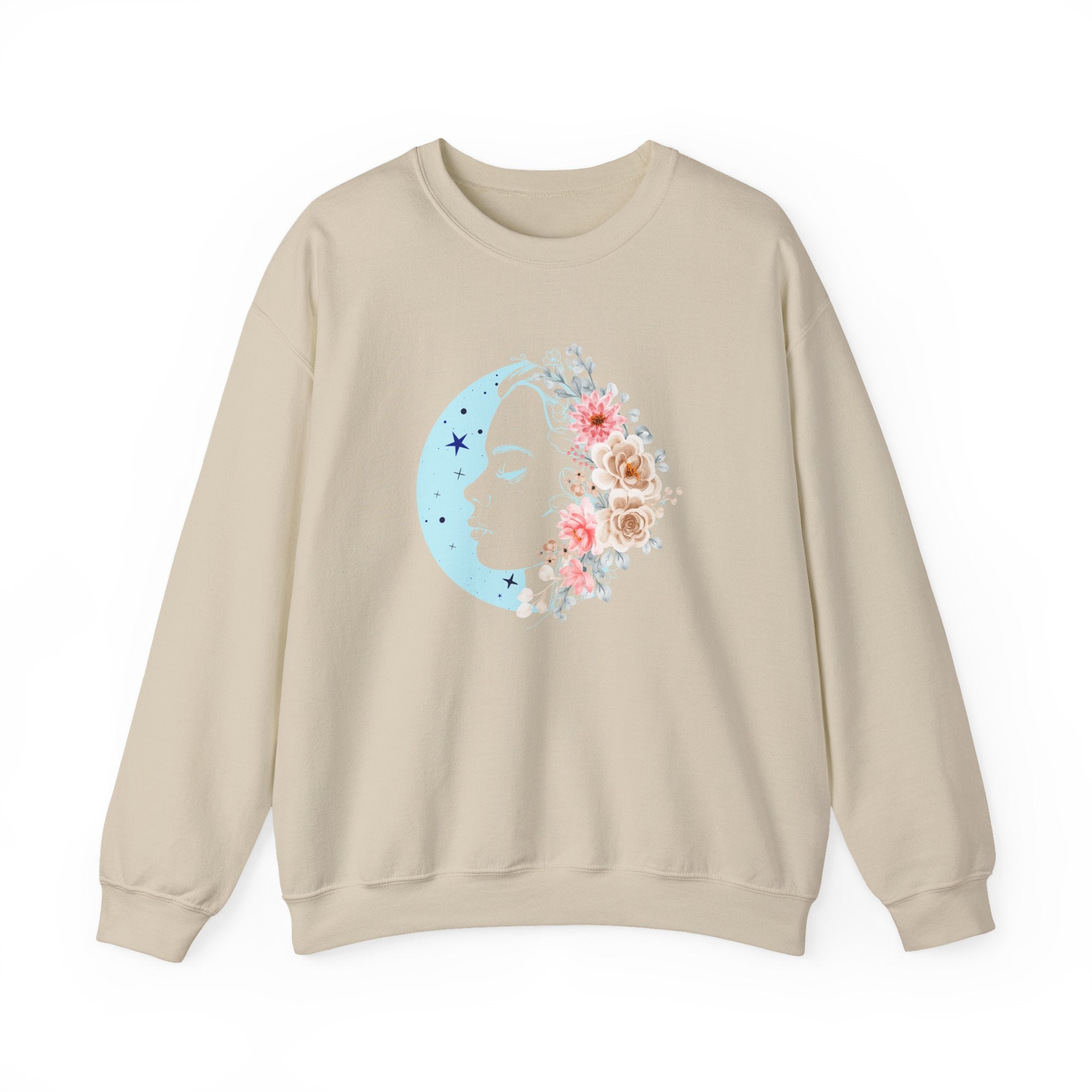 Beige sweatshirt with a floral moon design on a white background
