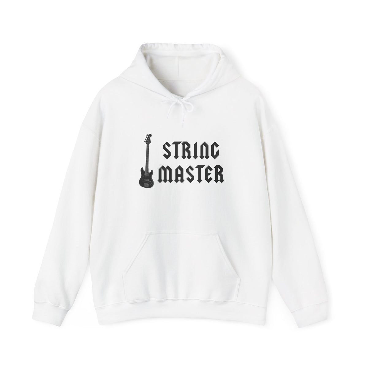 White hoodie with 'String Master' text and guitar graphic on a white background