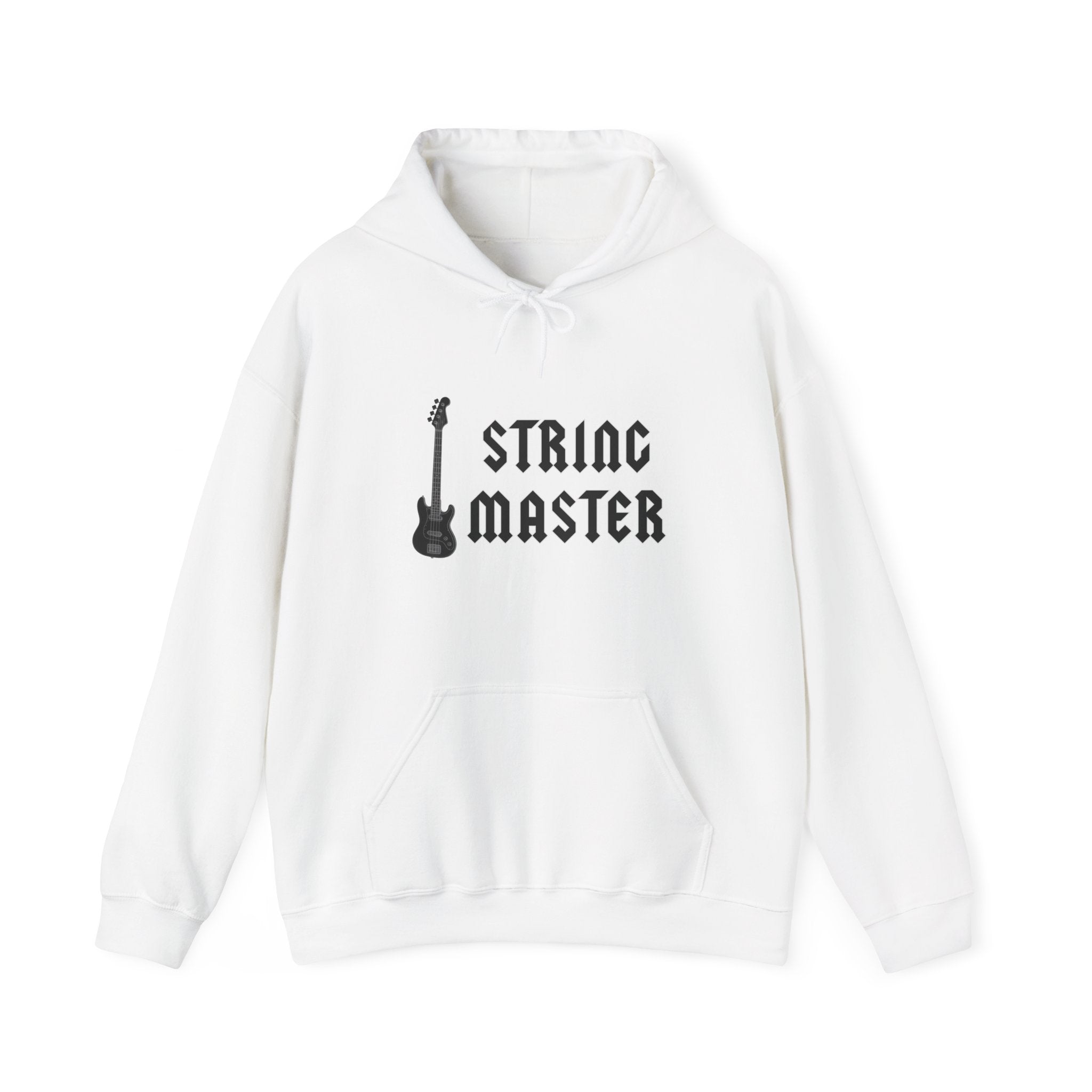 White hoodie with 'String Master' text and guitar graphic on a white background