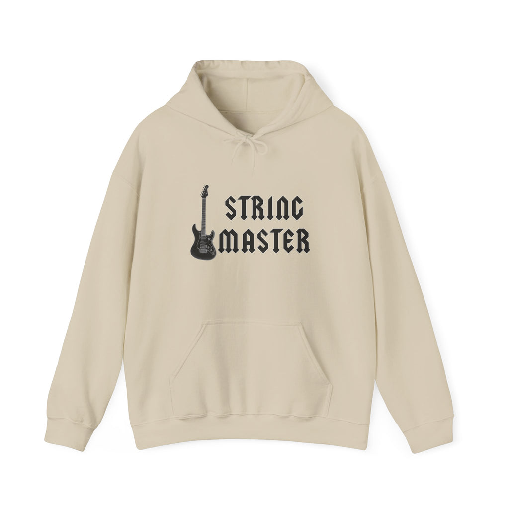 Beige hoodie with 'String Master' text and guitar graphic on a white background