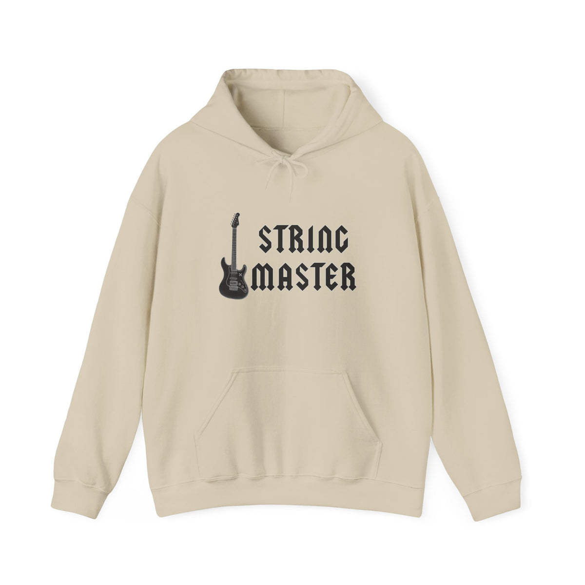 Beige hoodie with 'String Master' text and guitar graphic on a white background