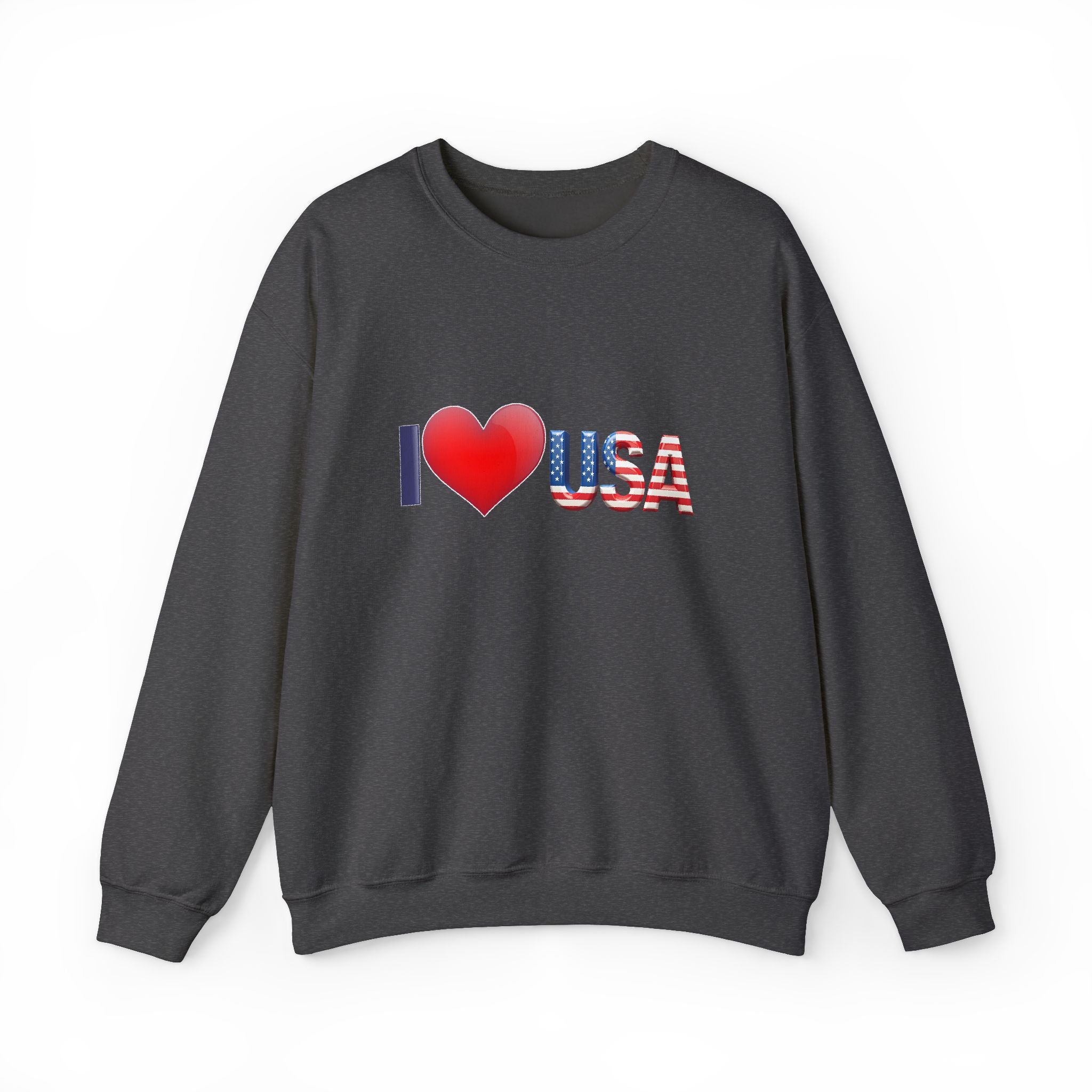 Black sweatshirt with 'I ❤️ USA' text on a white background