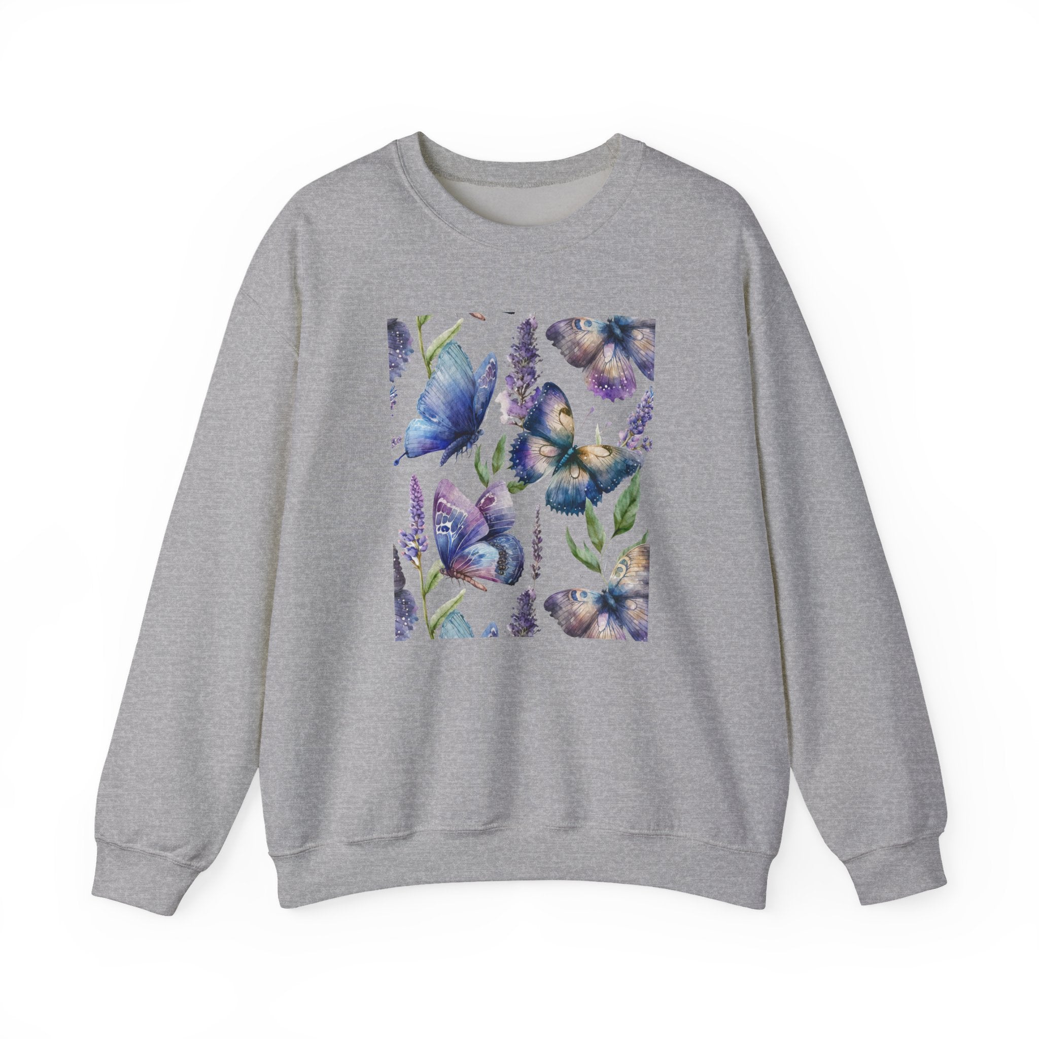 Gray sweatshirt with butterfly and flower design on a white background
