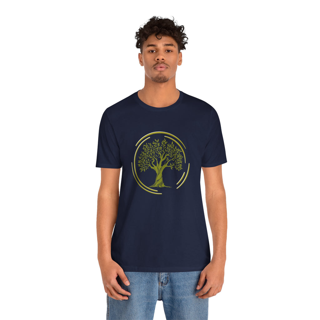 Man wearing a navy blue t-shirt with a tree design on a white background