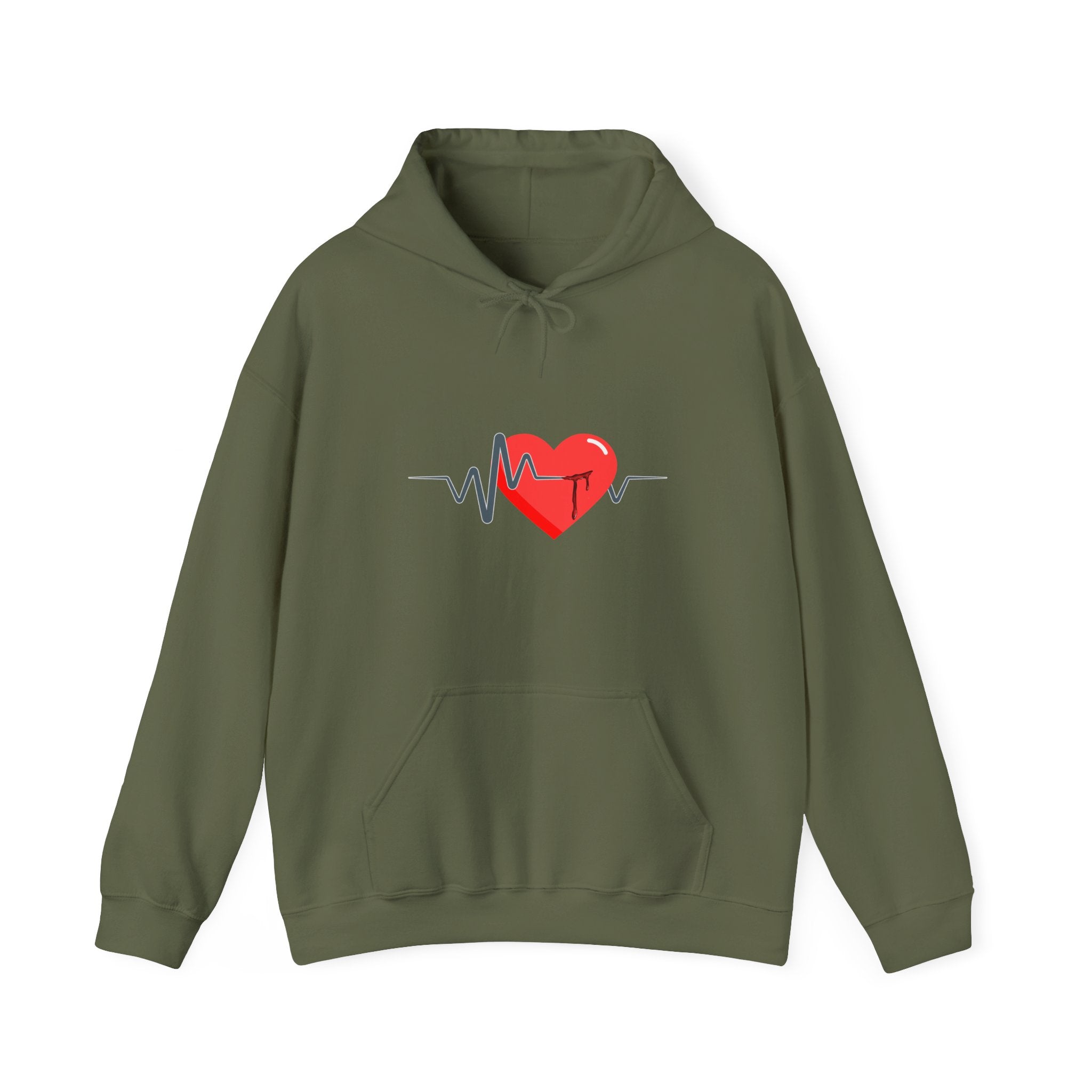 Green hoodie with a red heart and heartbeat line design on a white background