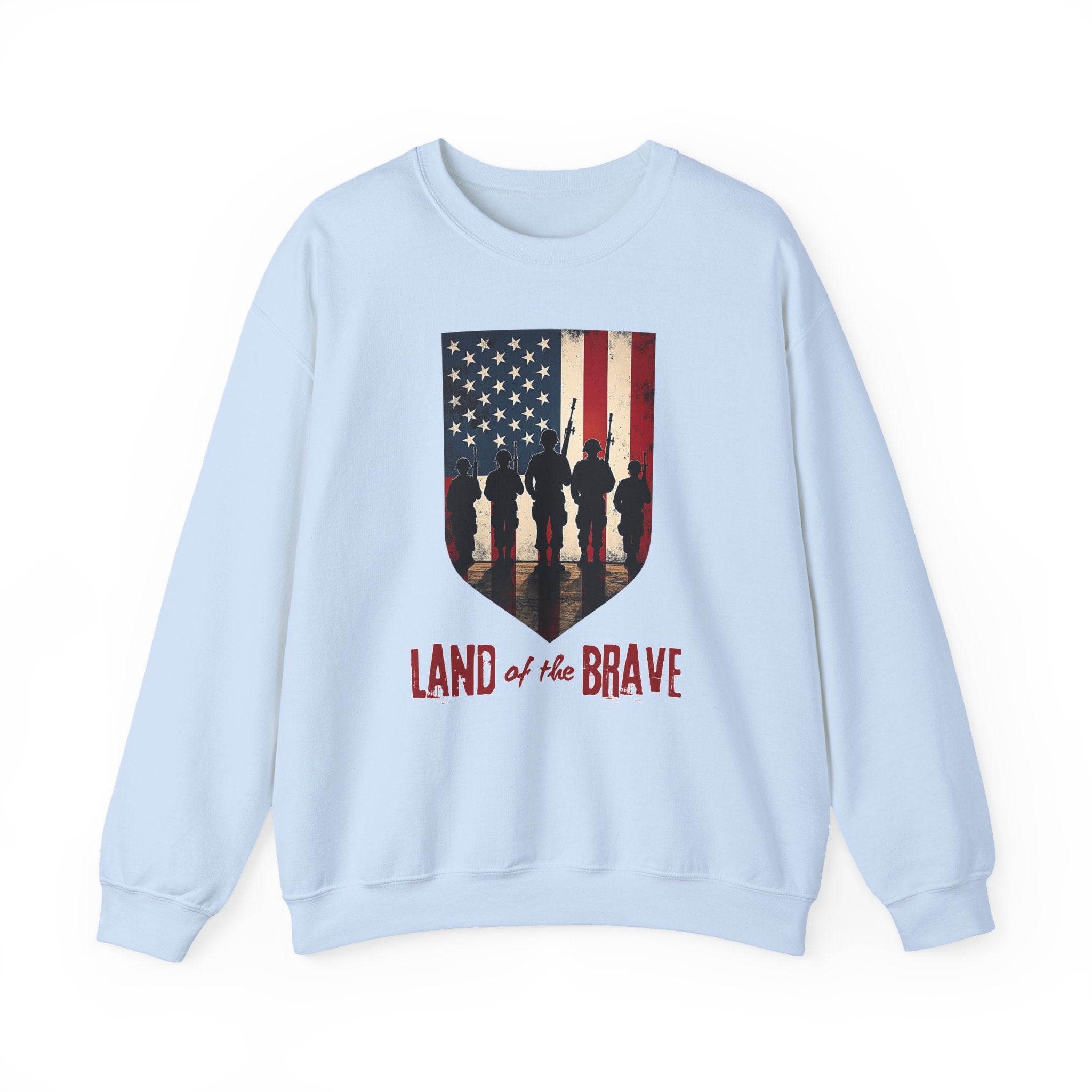 Light blue sweatshirt with American flag and silhouette design on a white background