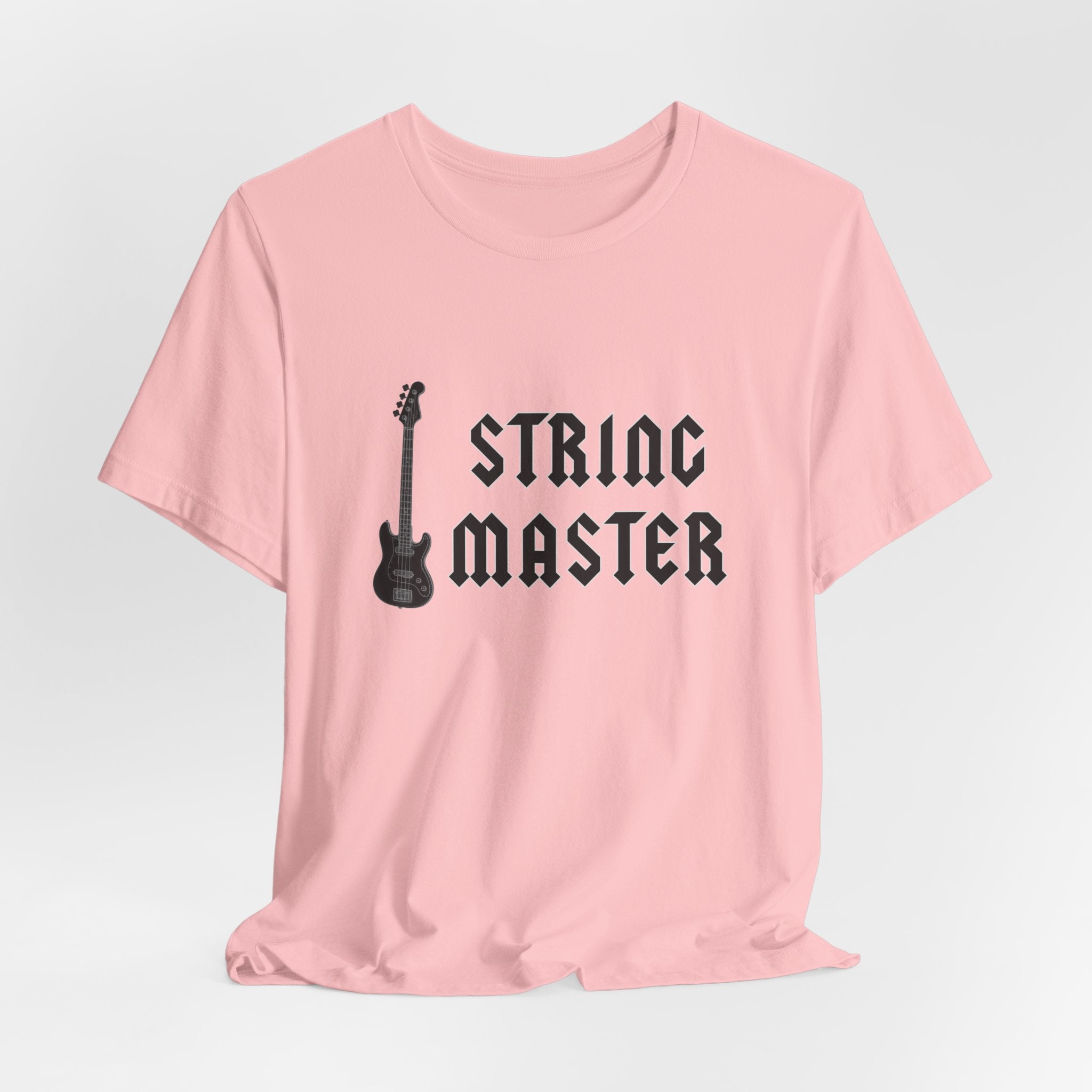 Pink t-shirt with 'String Master' graphic and text on a light gray background