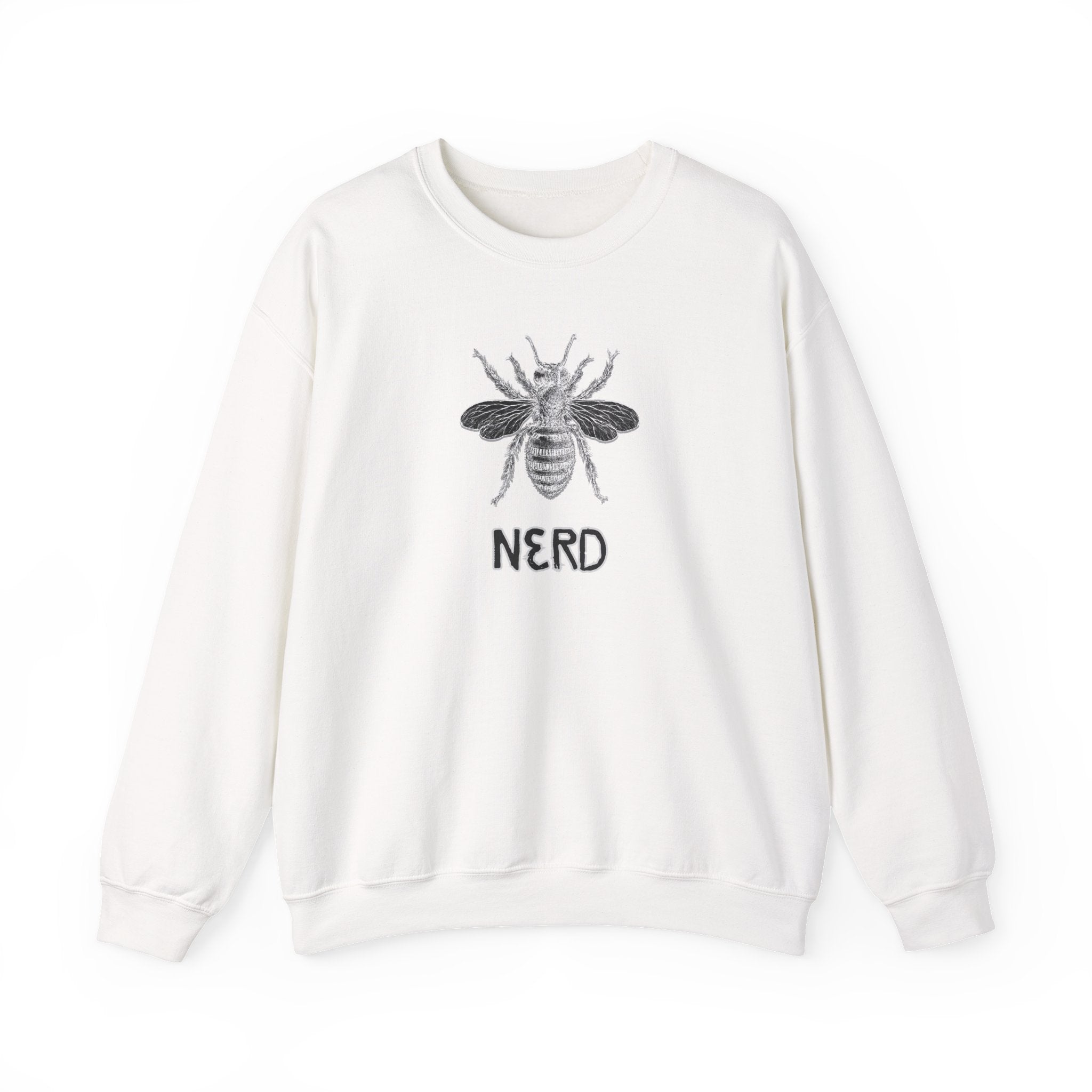 White sweatshirt with bee and 'NERD' text design on a white background
